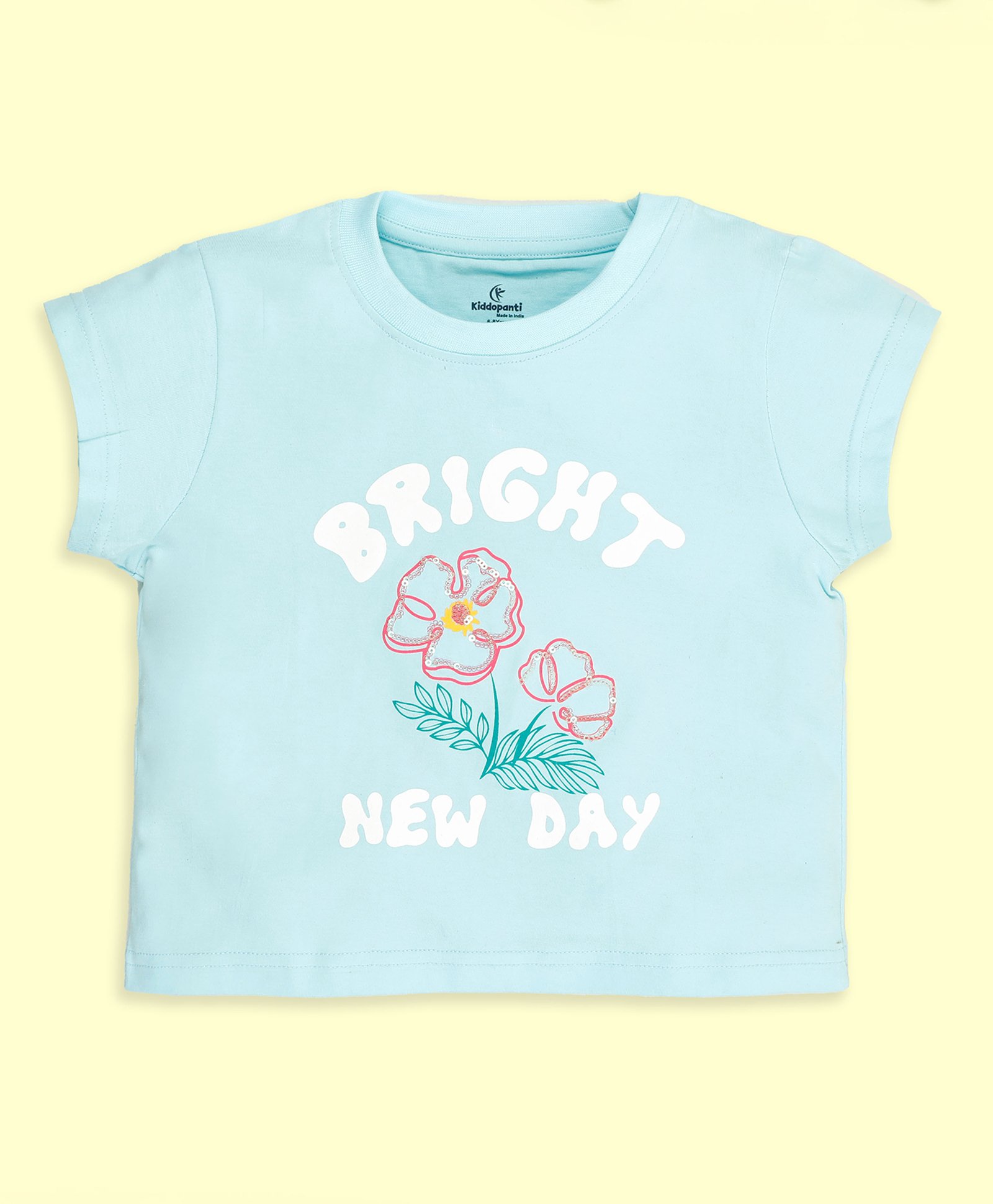 Kiddopanti Cotton Half Sleeves Bright New Day Text Printed Tee - Aqua Blue-picture-12