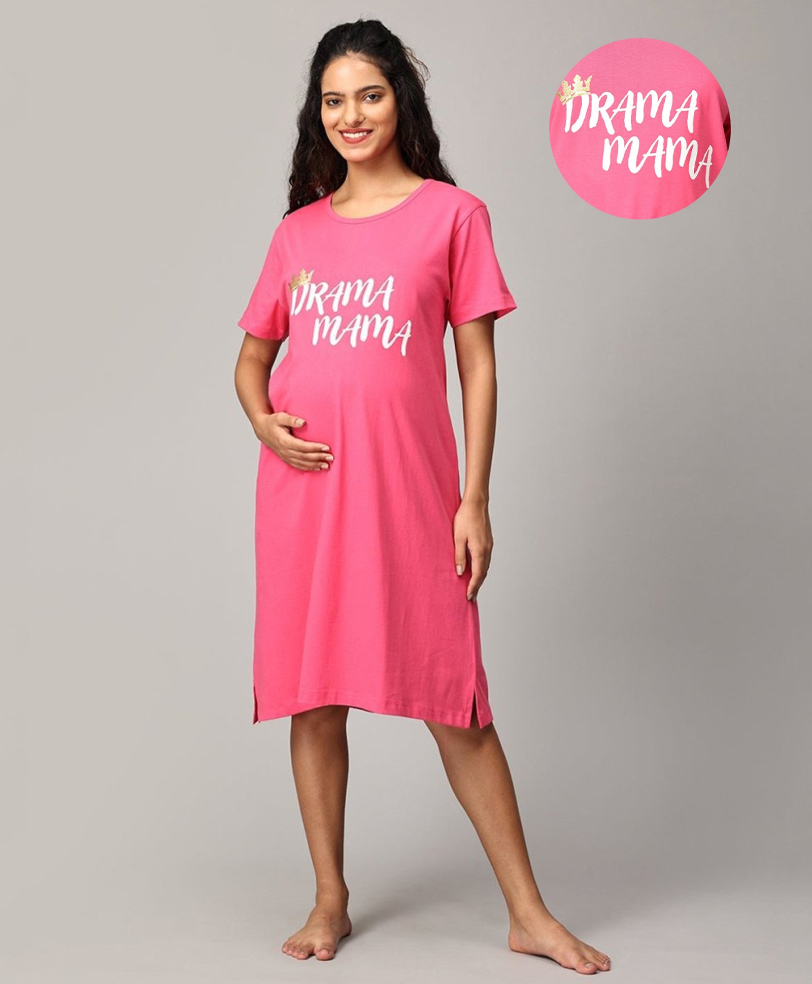 The Mom Store Half Sleeves Drama Mama Text Printed Oversized Maternity Dress - Fuschia-image-6