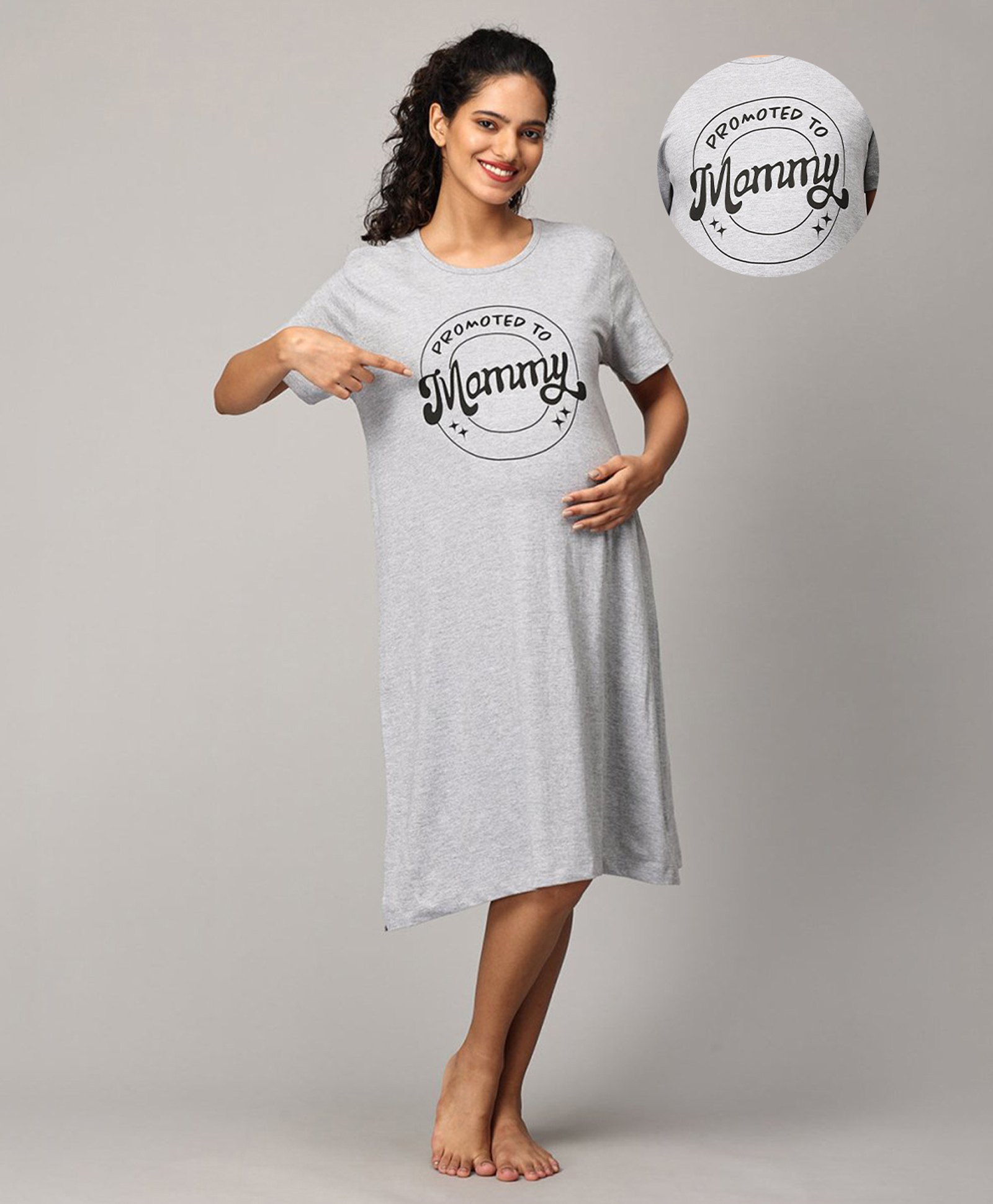The Mom Store Half Sleeves Promoted To Mummy Text Printed Oversized Maternity Dress - Grey-image-45