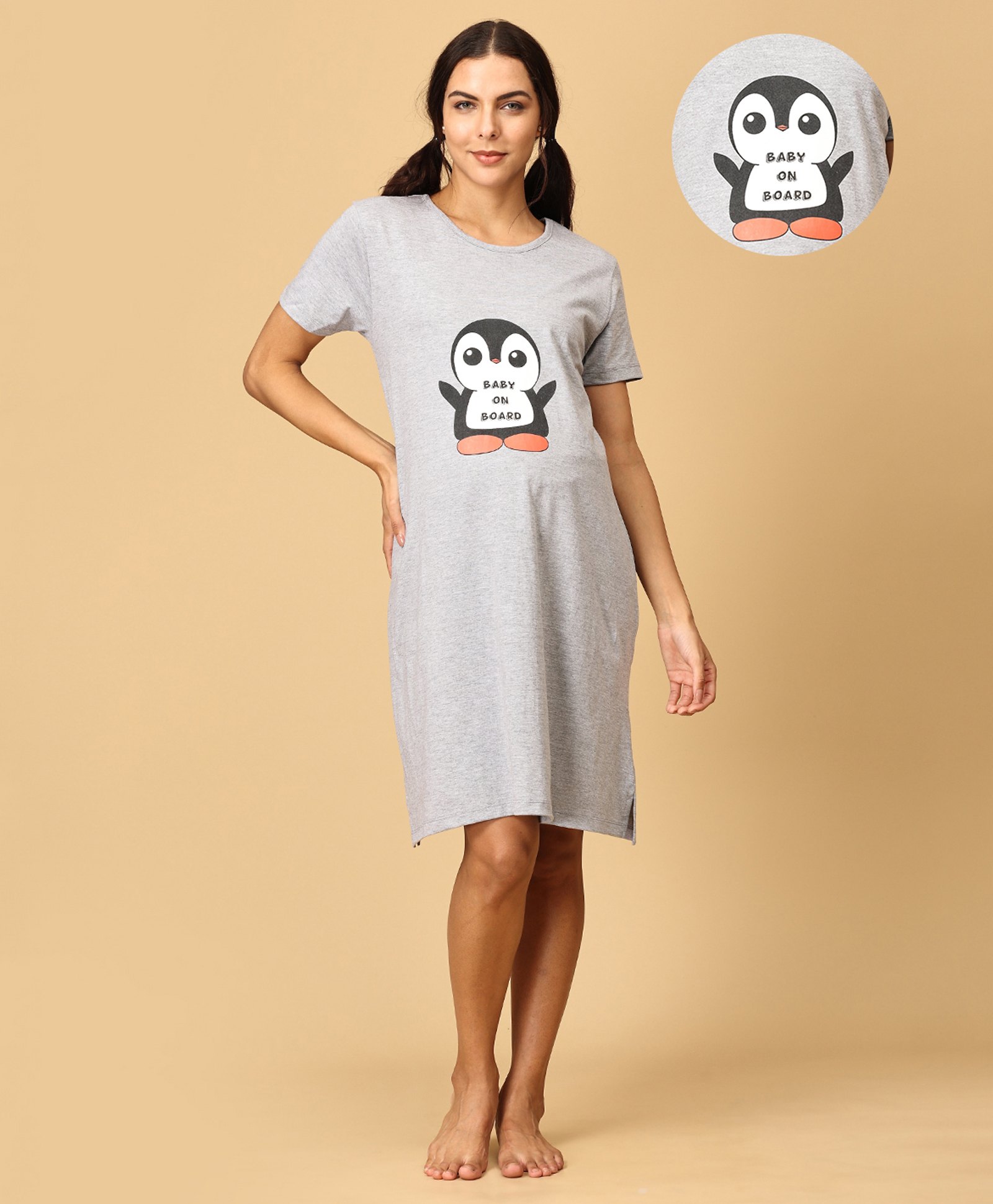 The Mom Store Half Sleeves Baby On Board Text Printed Oversized Maternity Dress - Grey-picture-11