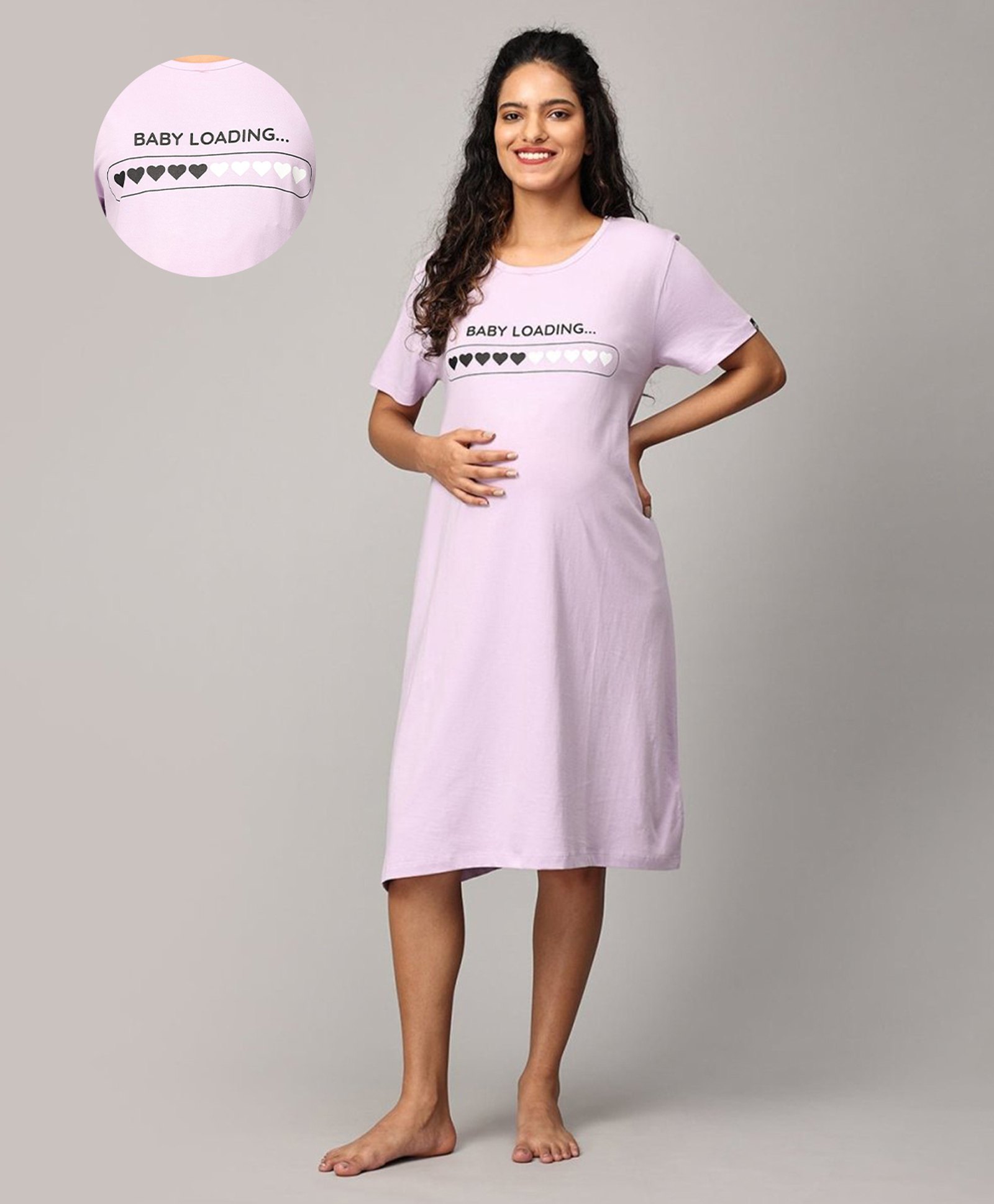 The Mom Store Half Sleeves Baby Loading Text Printed Oversized Maternity Dress - Lavender-image-19