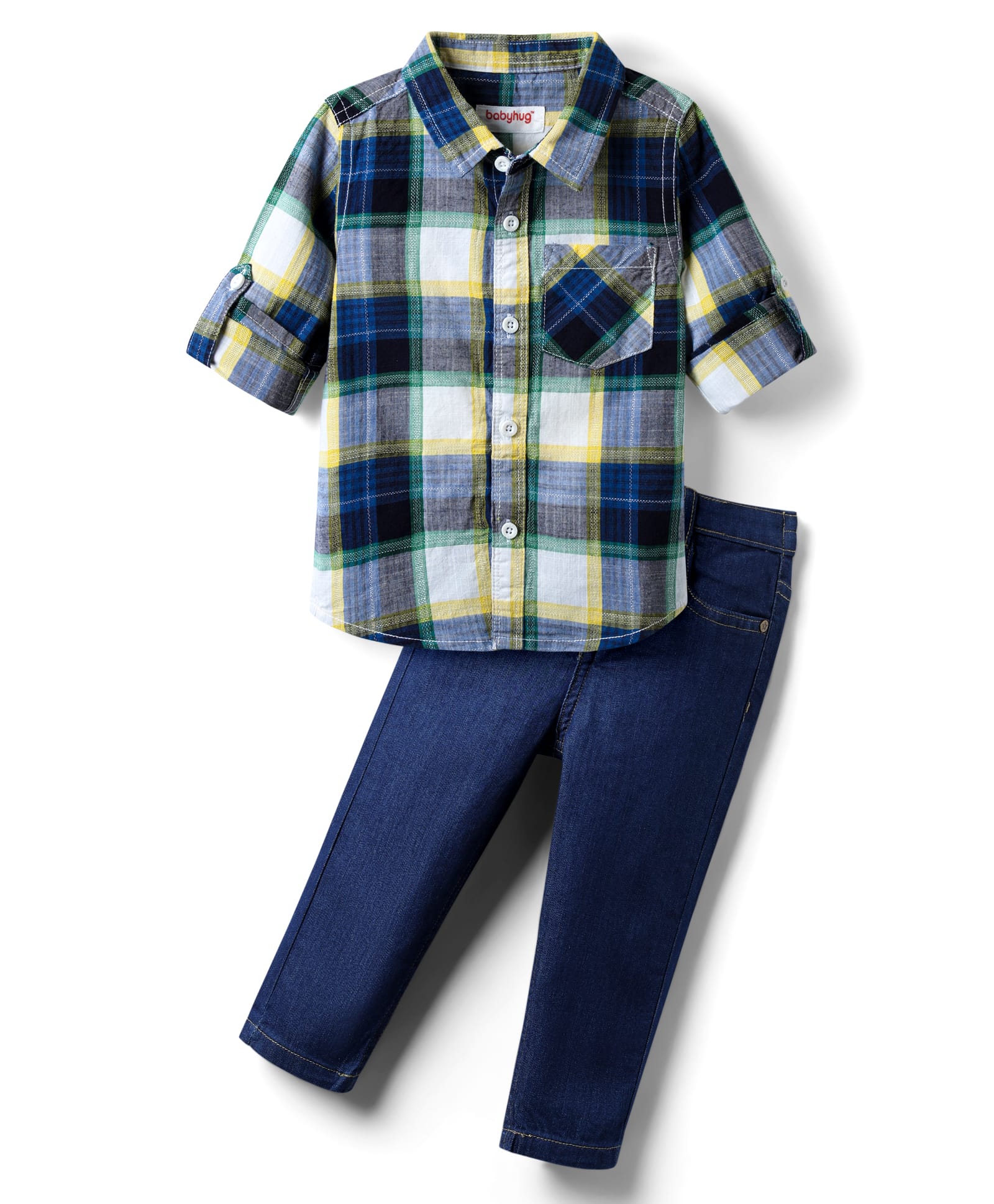 Babyhug Cotton Woven Full Sleeves Checkered Shirt & Denim Jeans Set - Navy Blue-picture-22