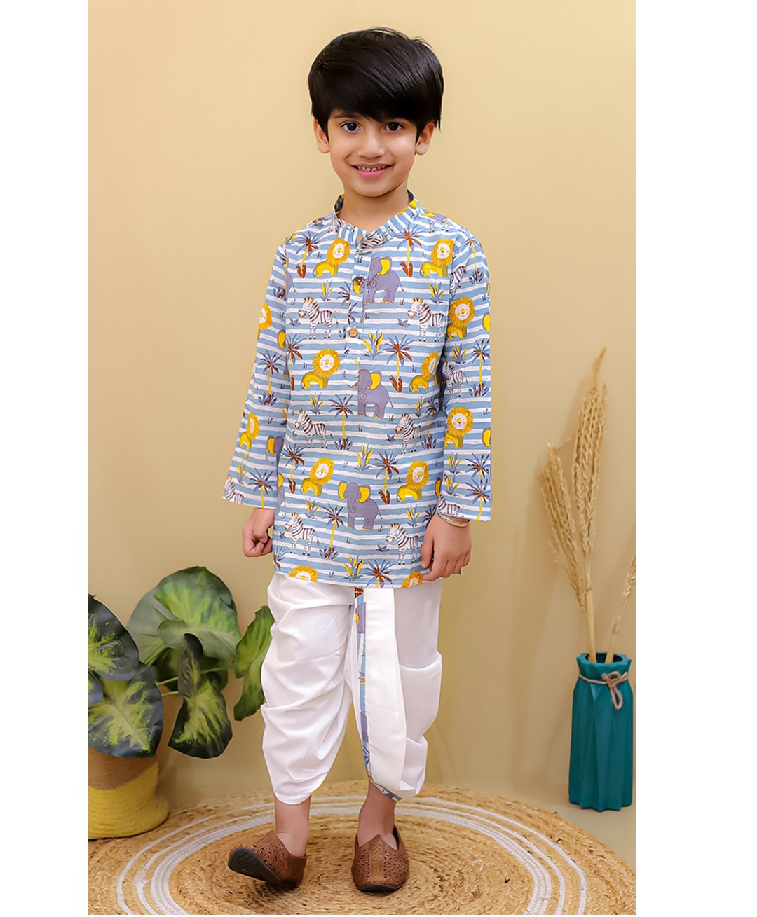 Superminis Cotton Full Sleeves Striped & Baby Animals Printed Dhoti Kurta Set - White & Blue-image-8