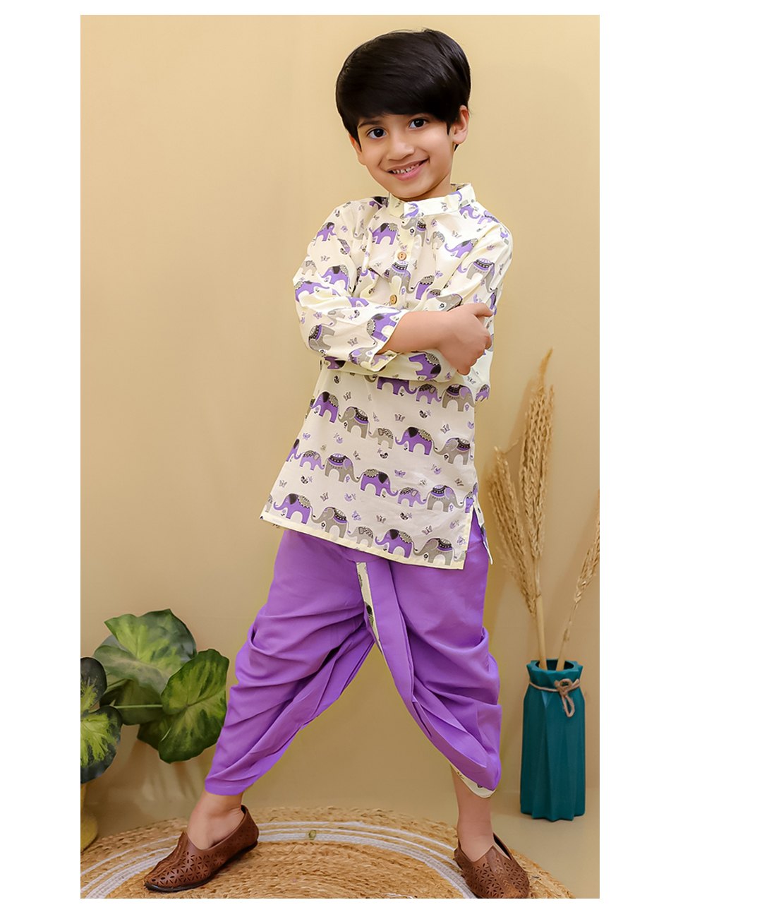 Superminis Cotton Full Sleeves Patola Printed Dhoti Kurta Set - Purple & Lemon-image-38