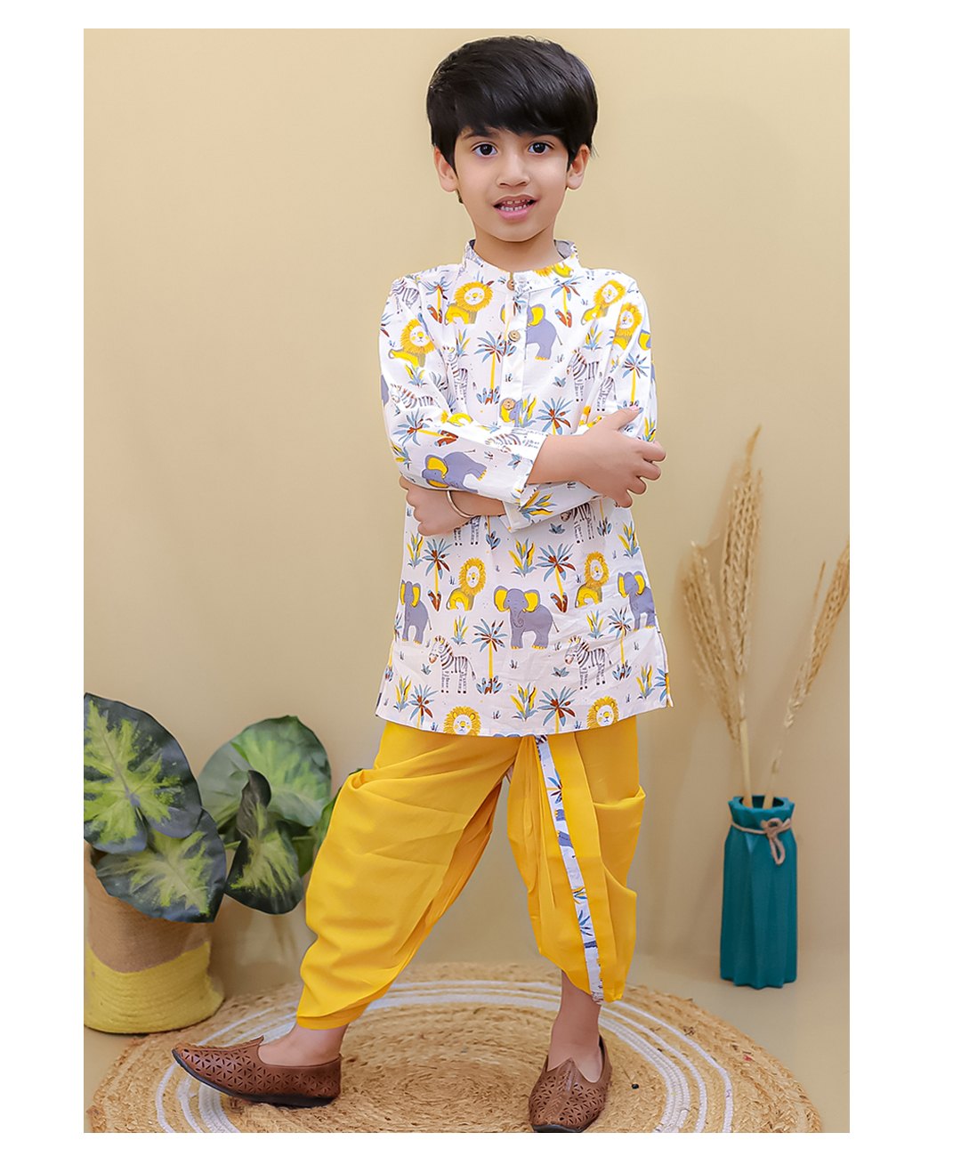 Superminis Cotton Full Sleeves Animals Printed Dhoti Kurta Set - Yellow & White-image-39