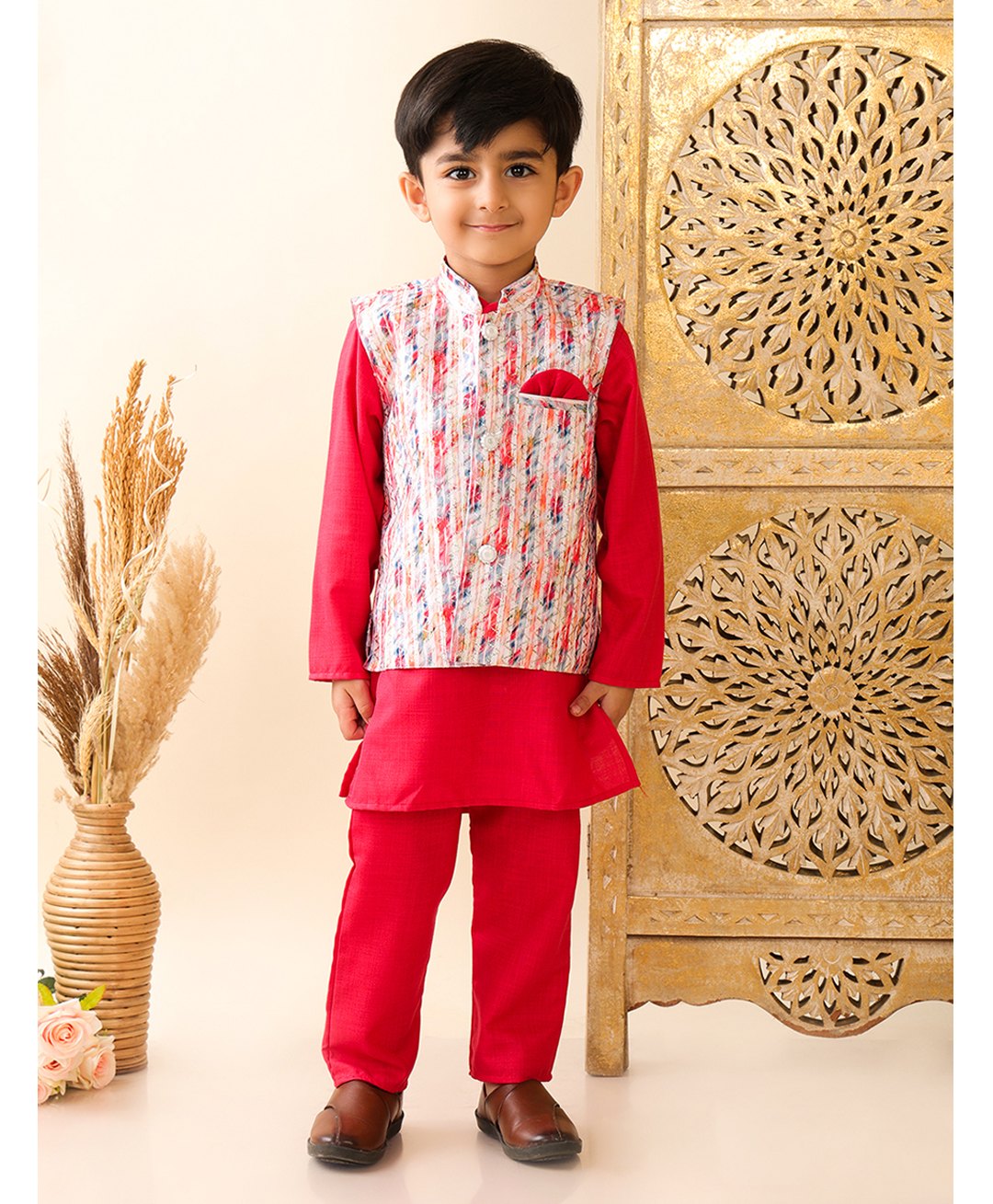 Superminis Cotton Full Sleeves Solid Kurta Pyjama With Tie Dye Jacket - Red-picture-35