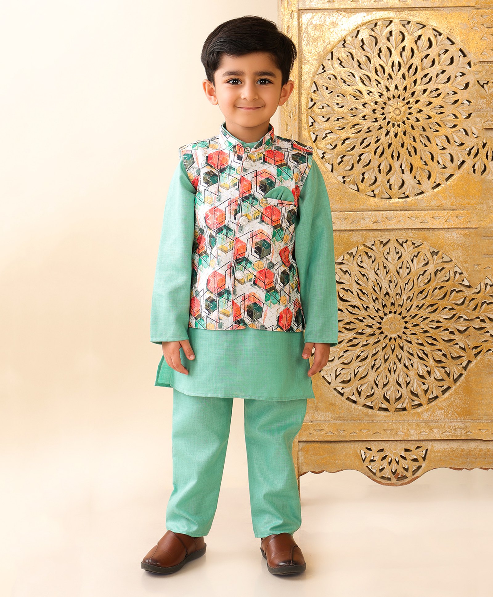 Superminis Cotton Full Sleeves Solid Kurta Pyjama With Geometric Printed Jacket - Green-picture-21
