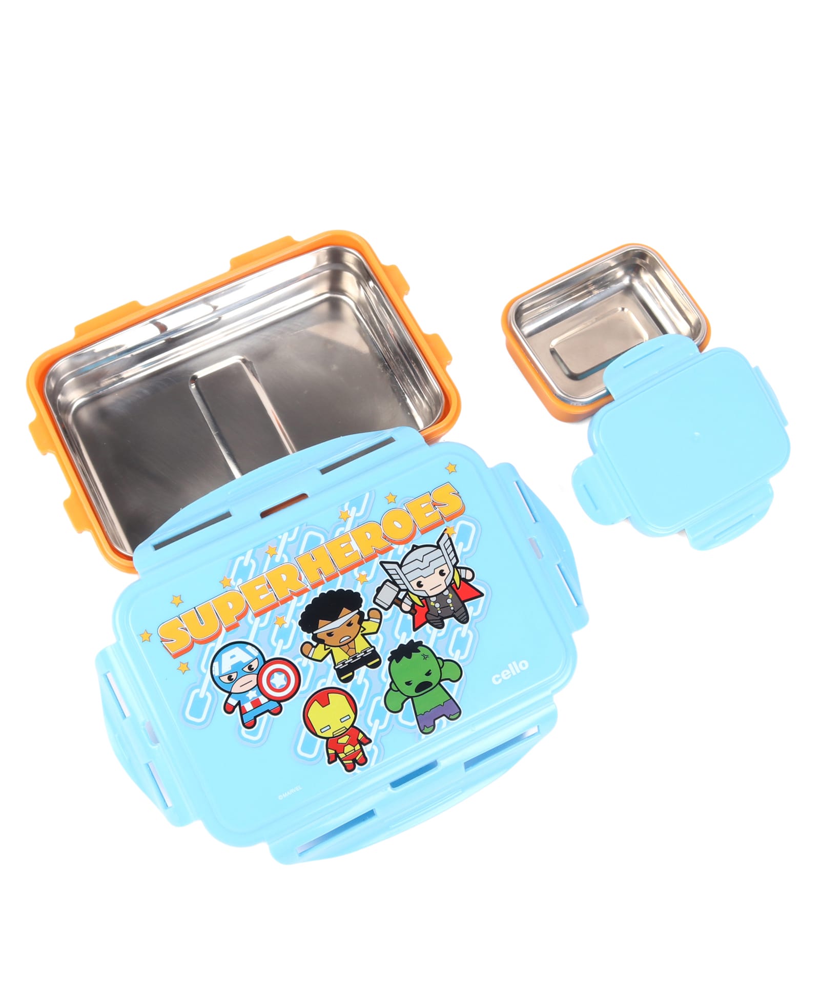 Cello Stainless Steel Meal Box Airtight Lunch Box with Steel Inner With Avenger Theme Print - Orange-picture-25