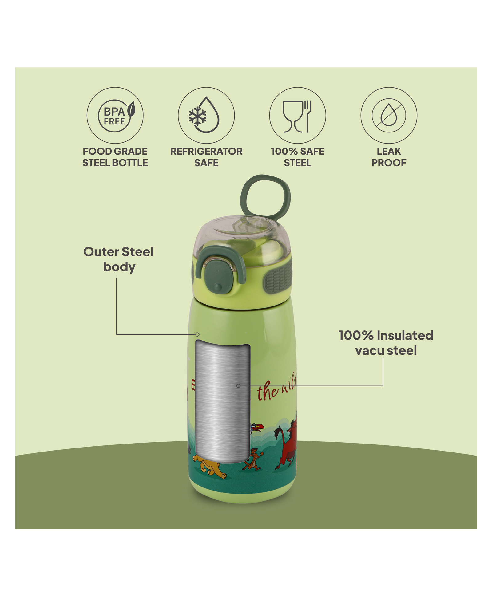 Cello Flare Stainless Steel Sipper Water Bottle With Lion King Print Green - 450 ml