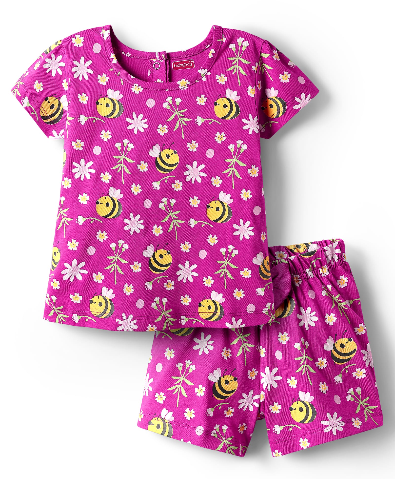 Babyhug Cotton Knit Half Sleeves Shorts Co-ord Night Suit With Bee & Floral Print - Dark Pink