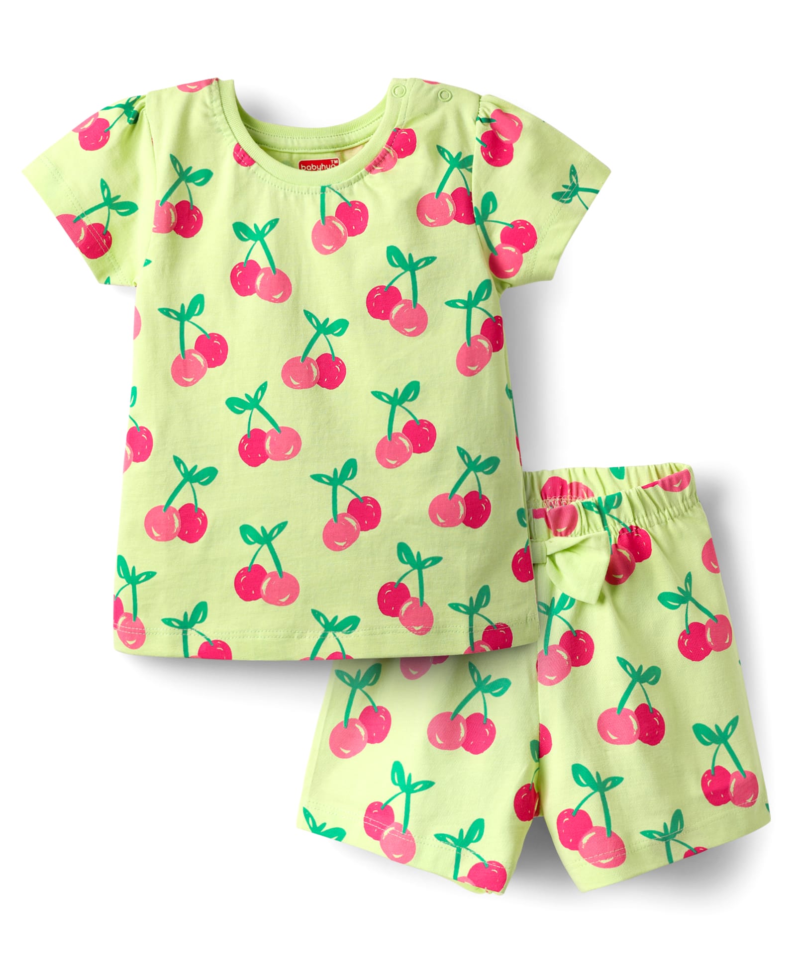 Babyhug Cotton Knit Half Sleeves Shorts Co-Ord Night Suit With Cherry Print - Green