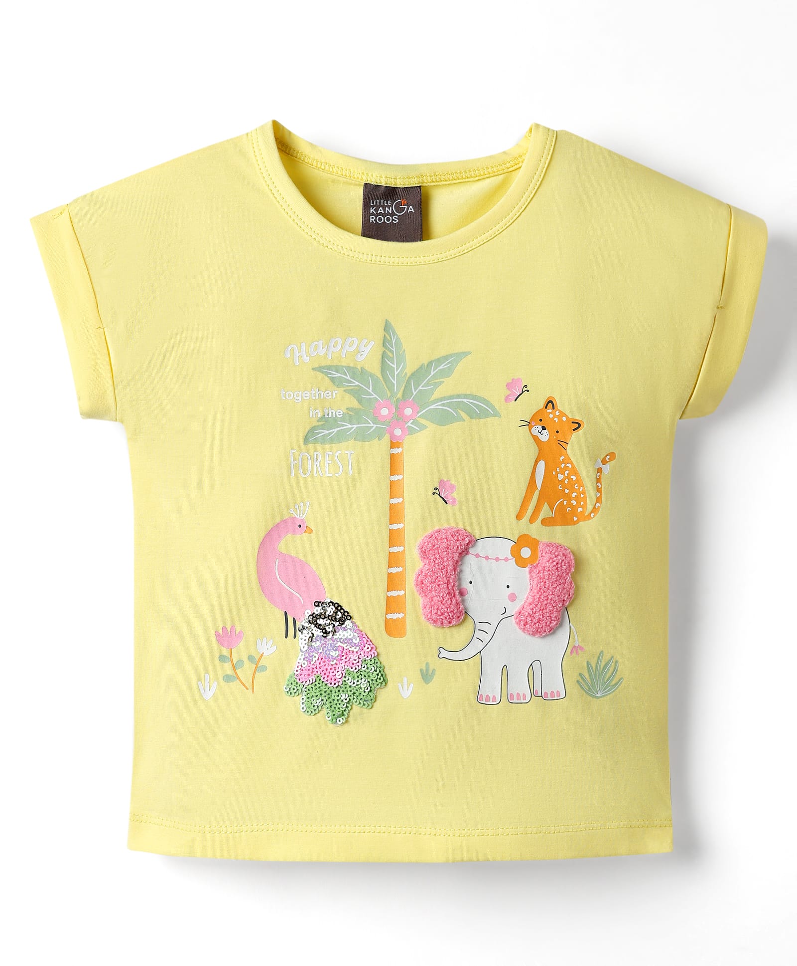 Little Kangaroos Cotton Knit Half Sleeves Jungle Theme Printed T-Shirt with Sequin & Embroidery Detailing - Yellow-picture-10