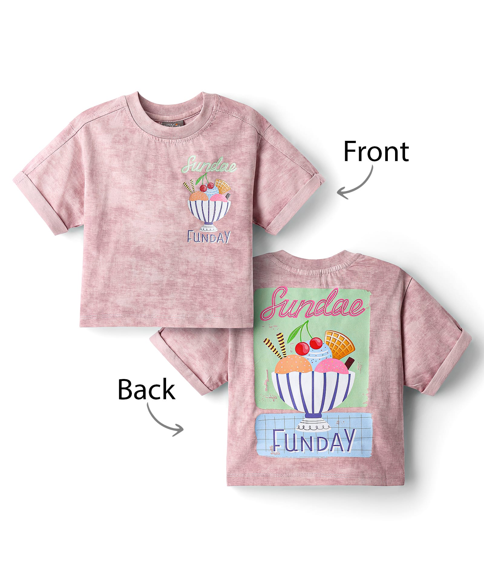 Little Kangaroos Cotton Knit Half Sleeves Top with Front & Back Ice Cream Print - Light Pink-image-49