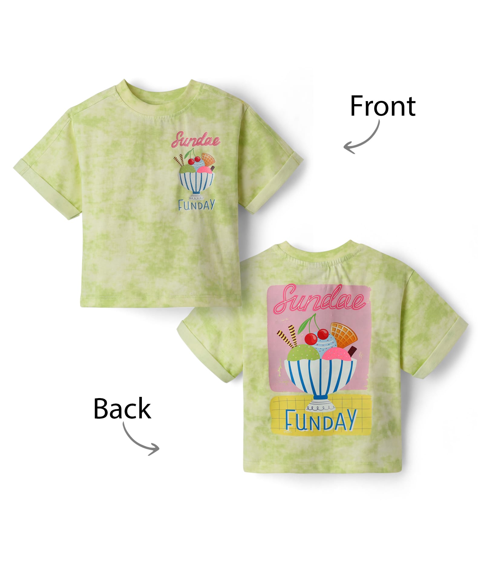Little Kangaroos Cotton Knit Half Sleeves Top with Front & Back Ice Cream Print - Limegreen-image-47