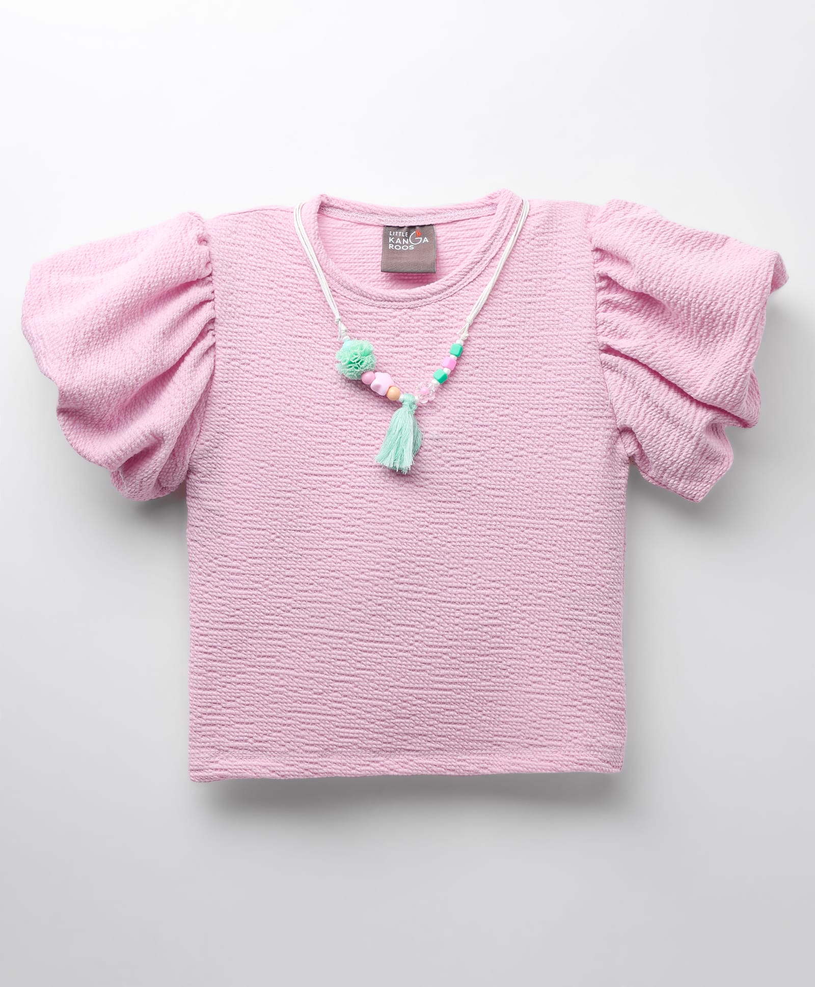 Little Kangaroos Knitted Half Puffed Sleeves Solid Color Textured Top with Necklace - Pink-image-24