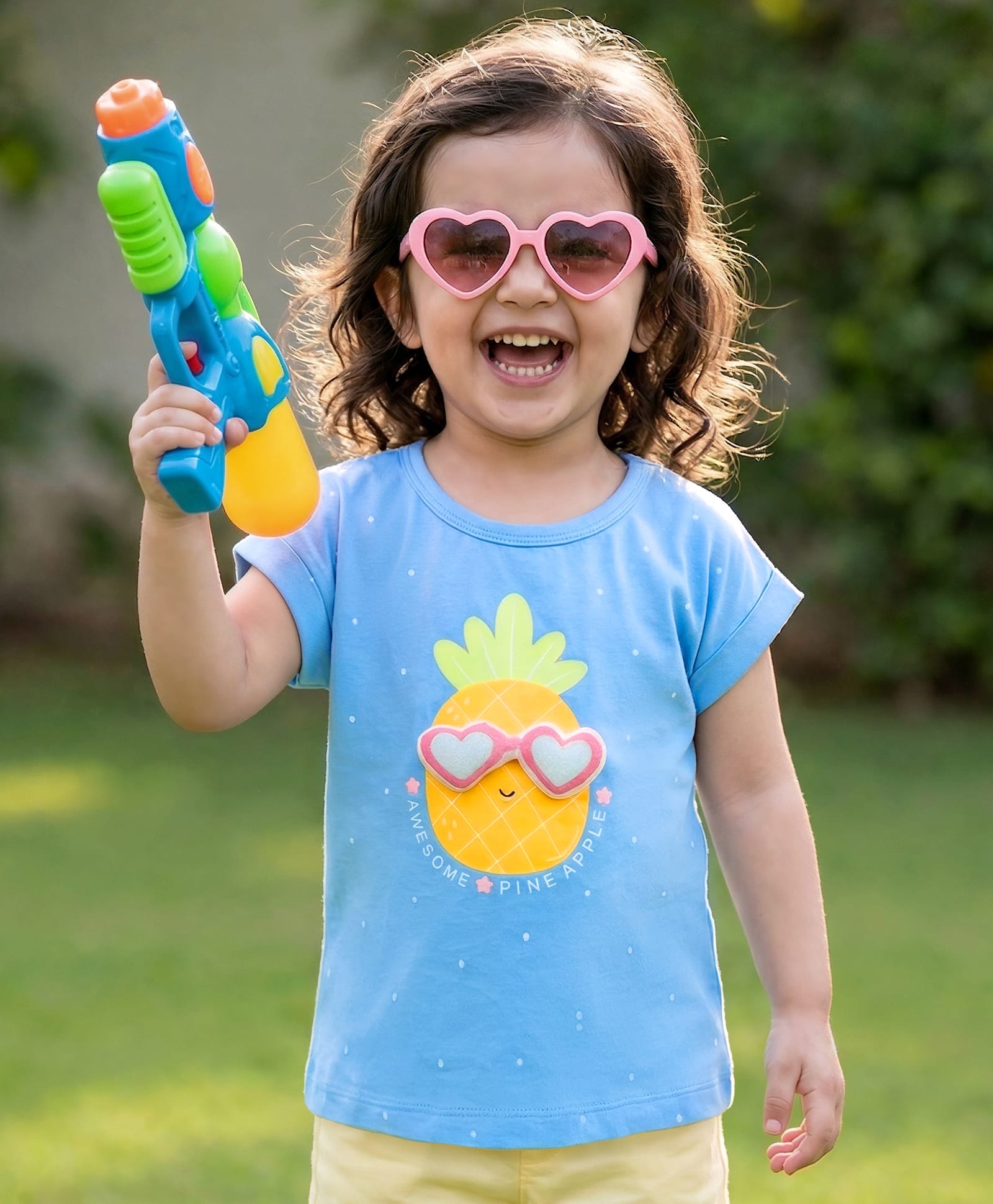 Little Kangaroos Cotton Knit Half Sleeves T-Shirt with Pineapple Print & Heart Applique - Light Blue-picture-22