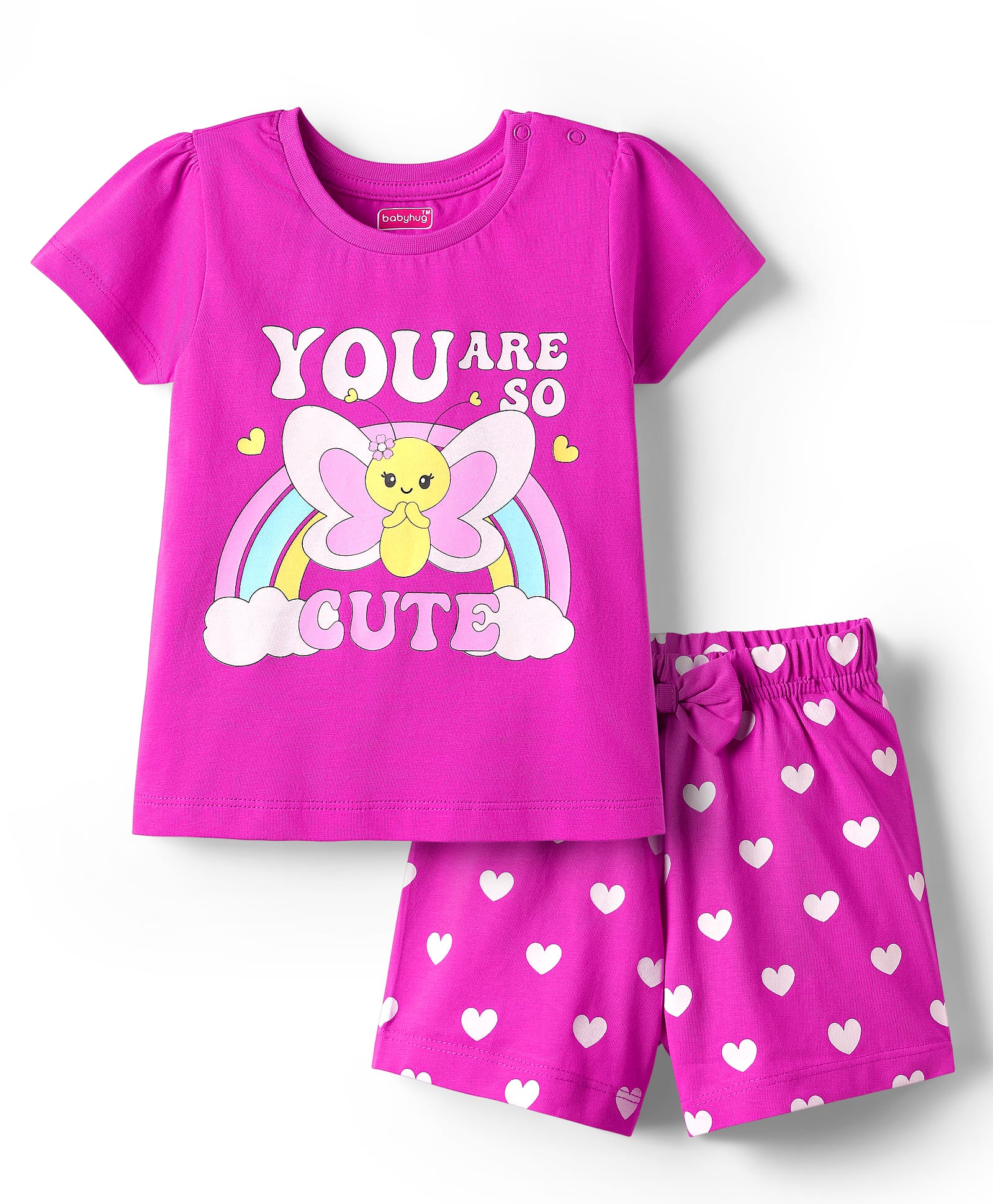 Babyhug Cotton Knit Half Sleeves Shorts Night Suit With You Are Cute Text Print - Dark Pink-image-47
