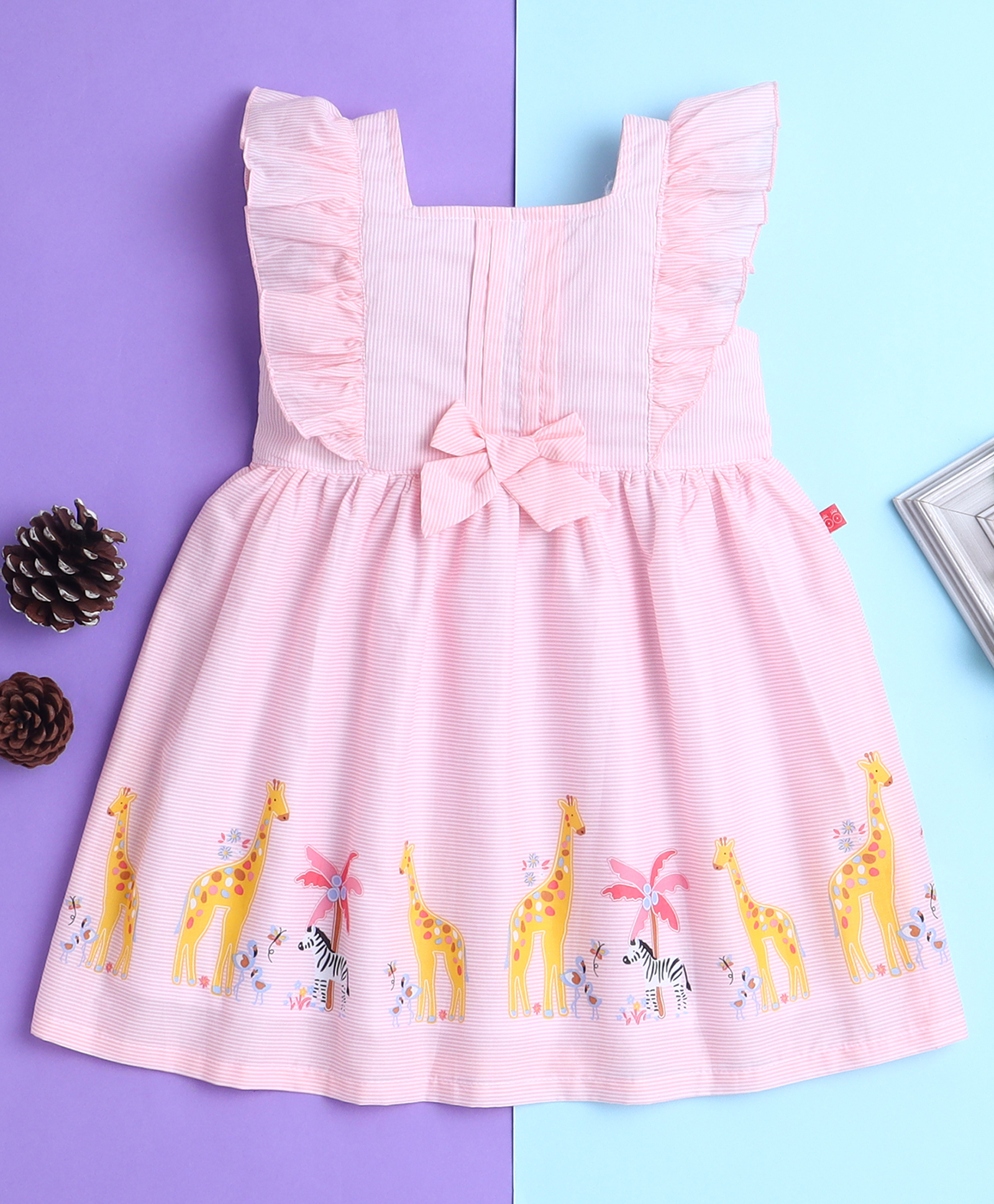 Twetoons Cotton Knit Frill Sleeves Frock With Animal Print & Bow Applique - Pink-image-44