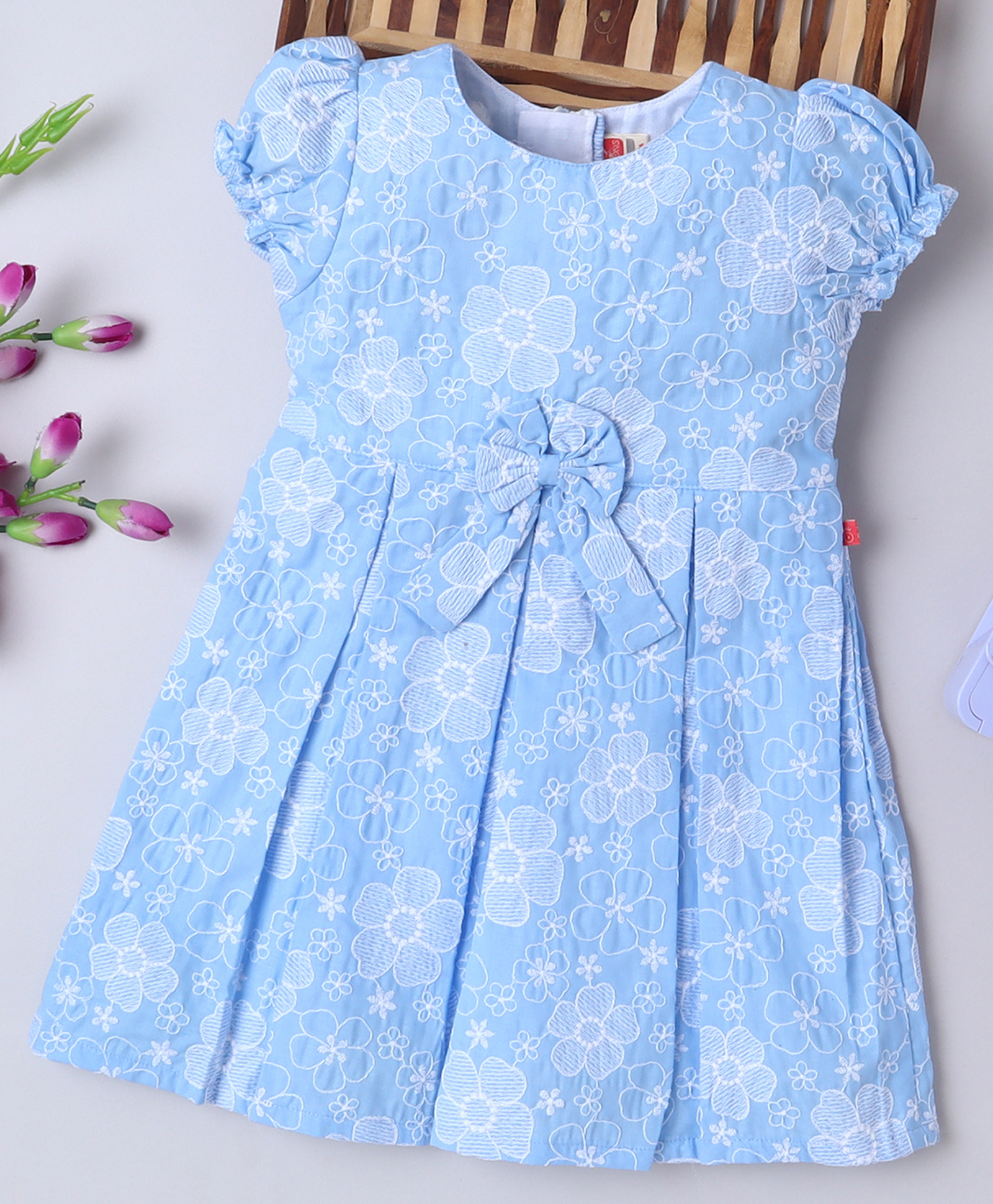 Twetoons Cotton Knit Puffed Sleeves Frock With Floral Embriodery - Light Blue-image-36
