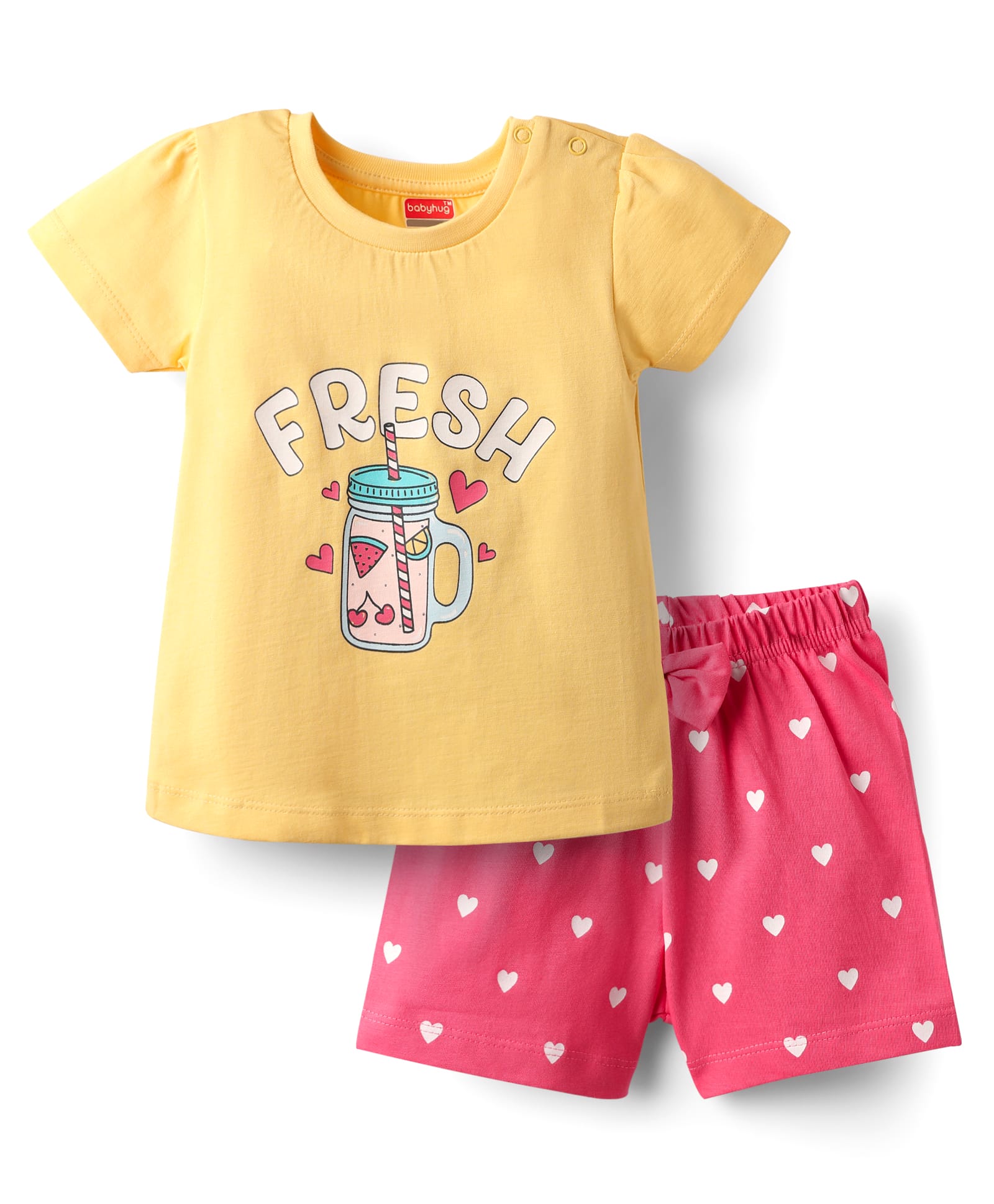 Babyhug Cotton Knit Half Sleeves Shorts Night Suit With Fresh Text Print & Bow Applique- Yellow & Pink-image-45