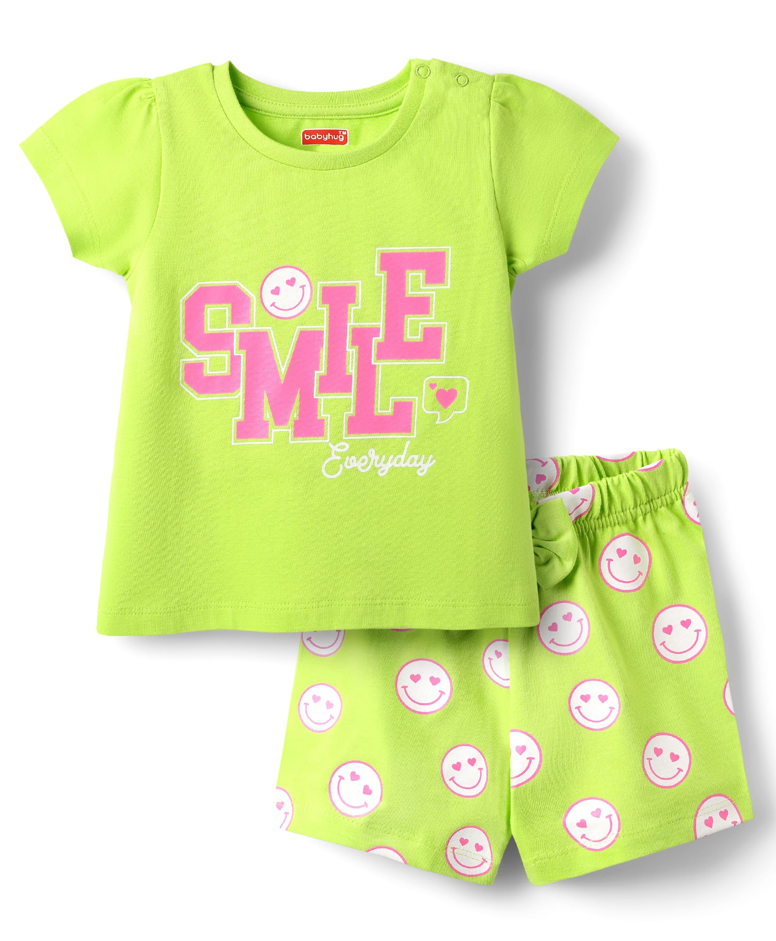 Babyhug Cotton Knit Half Sleeves Shorts Night Suit With Smile Text Print - Lime Green
