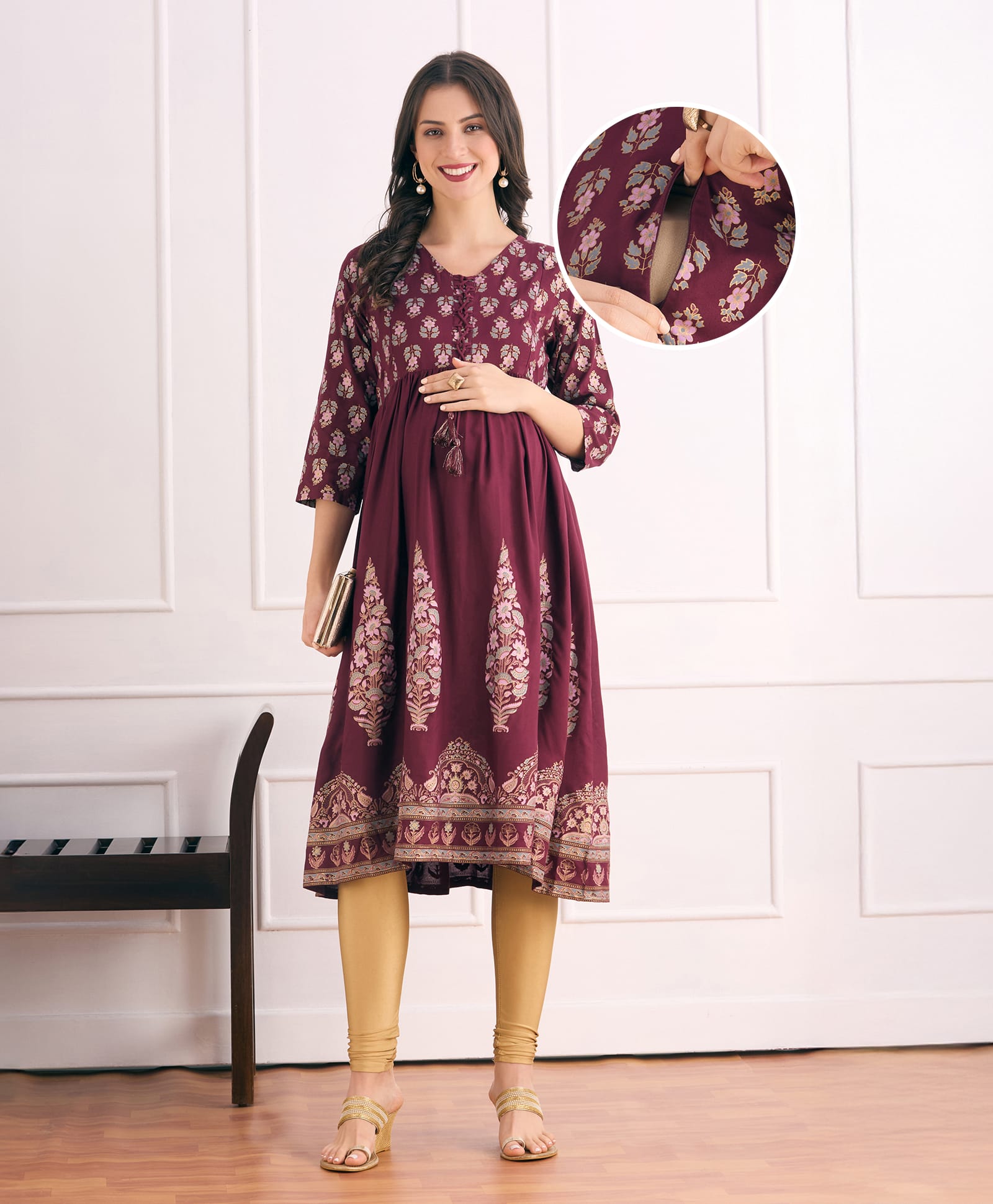 Bella Mama Woven Three Fourth Sleeves With Contrast Yoke Maternity Kurta with Floral Print - Wine