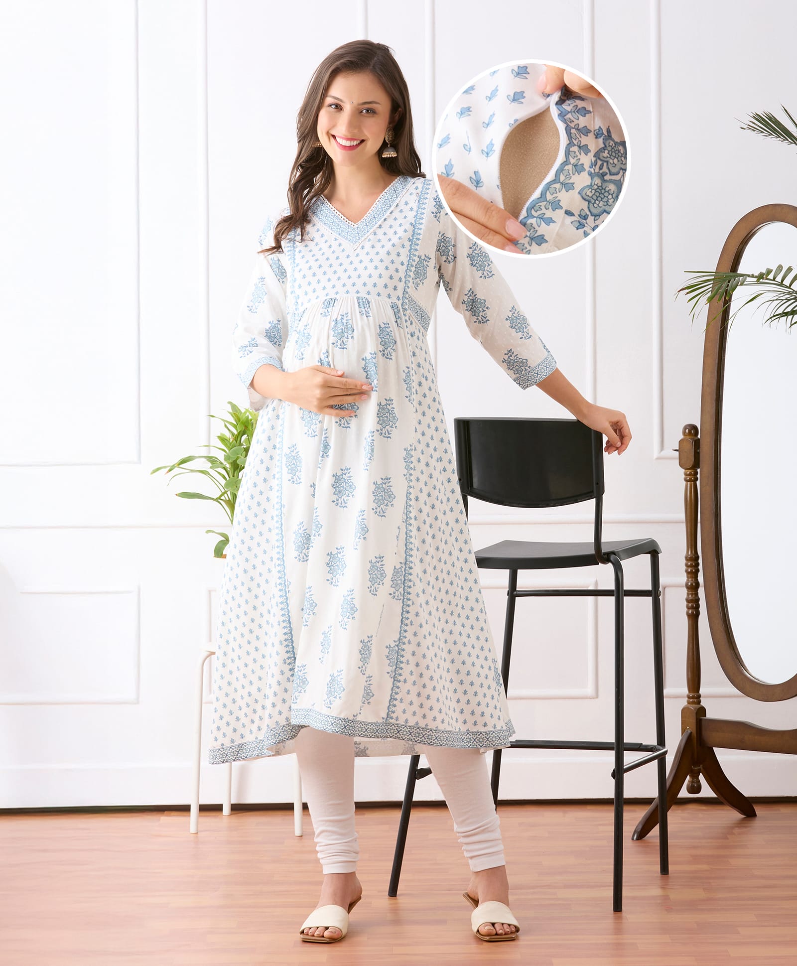 Bella Mama Woven Three Fourth Sleeves Maternity Kurta with Floral Print & Highlighted Neck - White & Blue-image-24