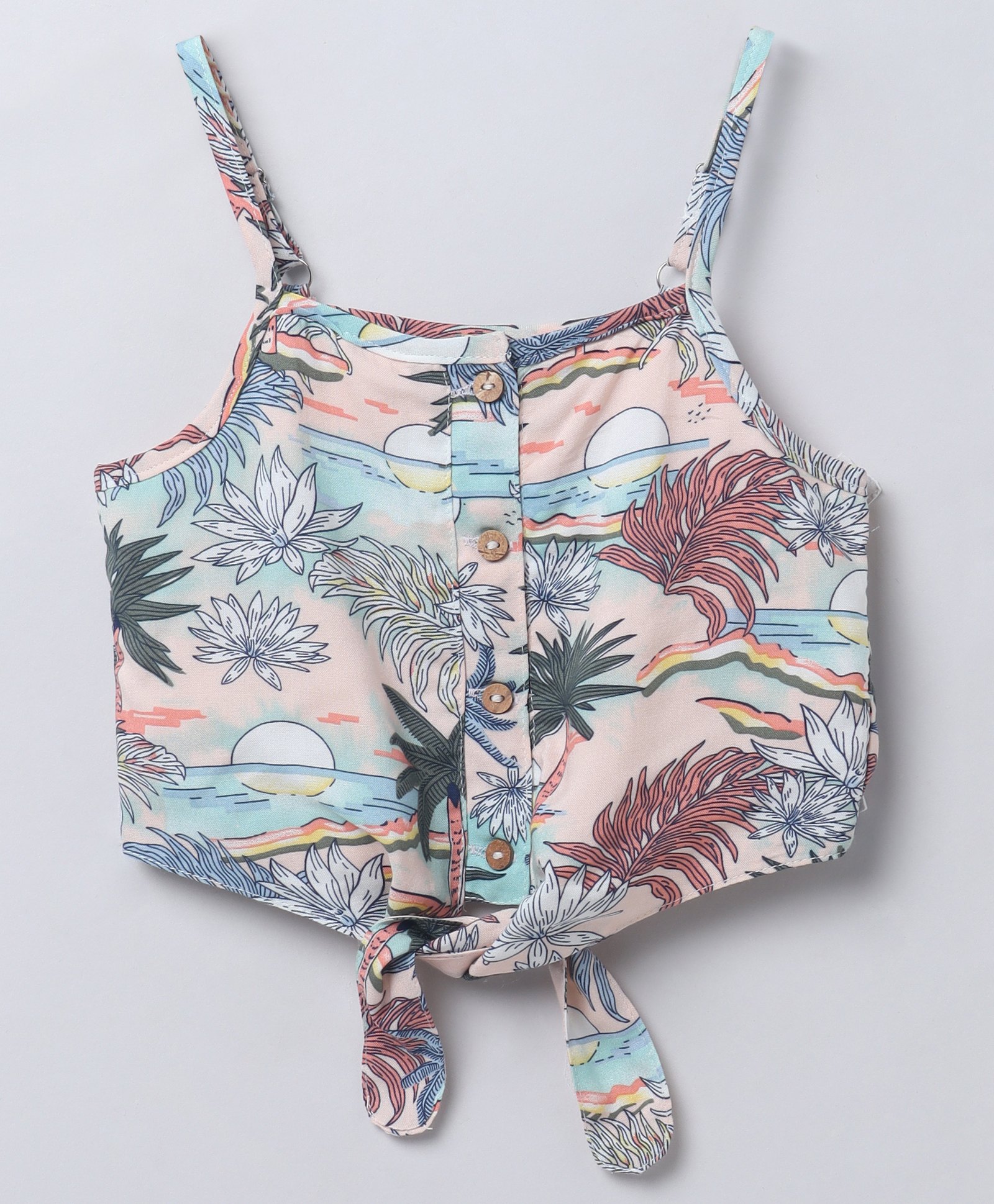 Taffykids Linen Sleeveless Tropical Theme Printed Crop Top - Peach & Multi Colour-picture-40