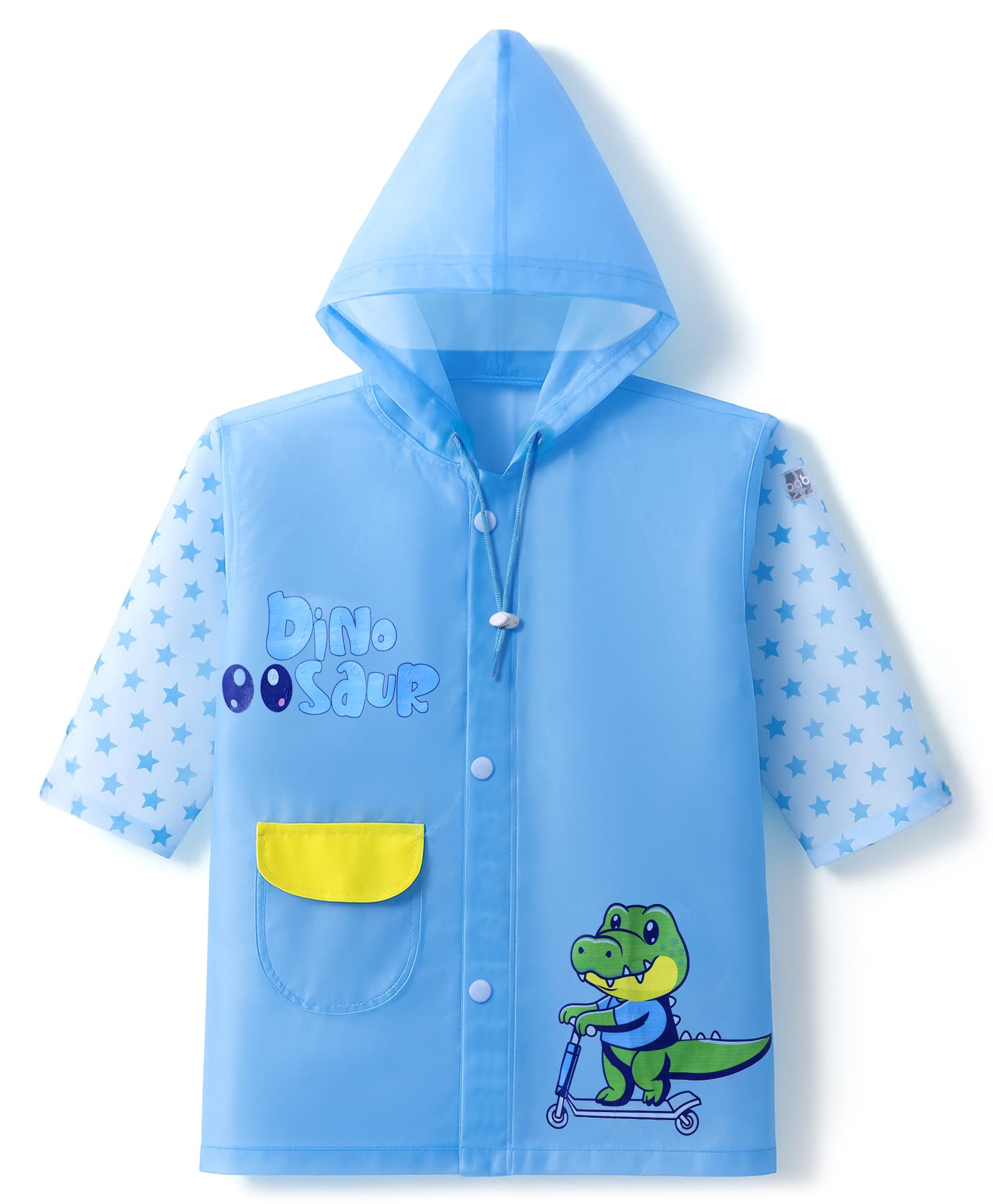 Babyhug Full Sleeves Below Knee Length Hooded Raincoat With Dinosaur & Star Print - Blue
