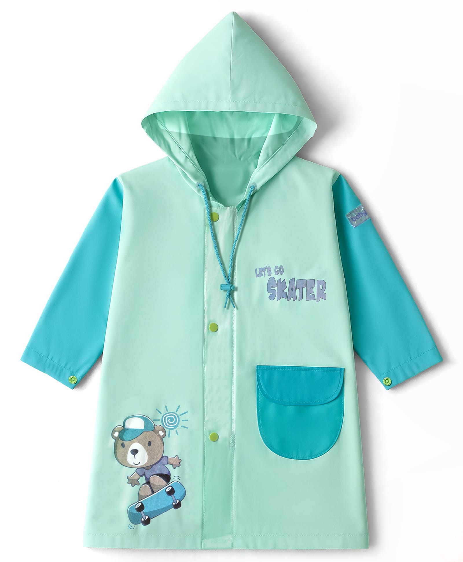 Babyhug Full Sleeves Hooded Raincoat with Teddy Print - Aqua Blue