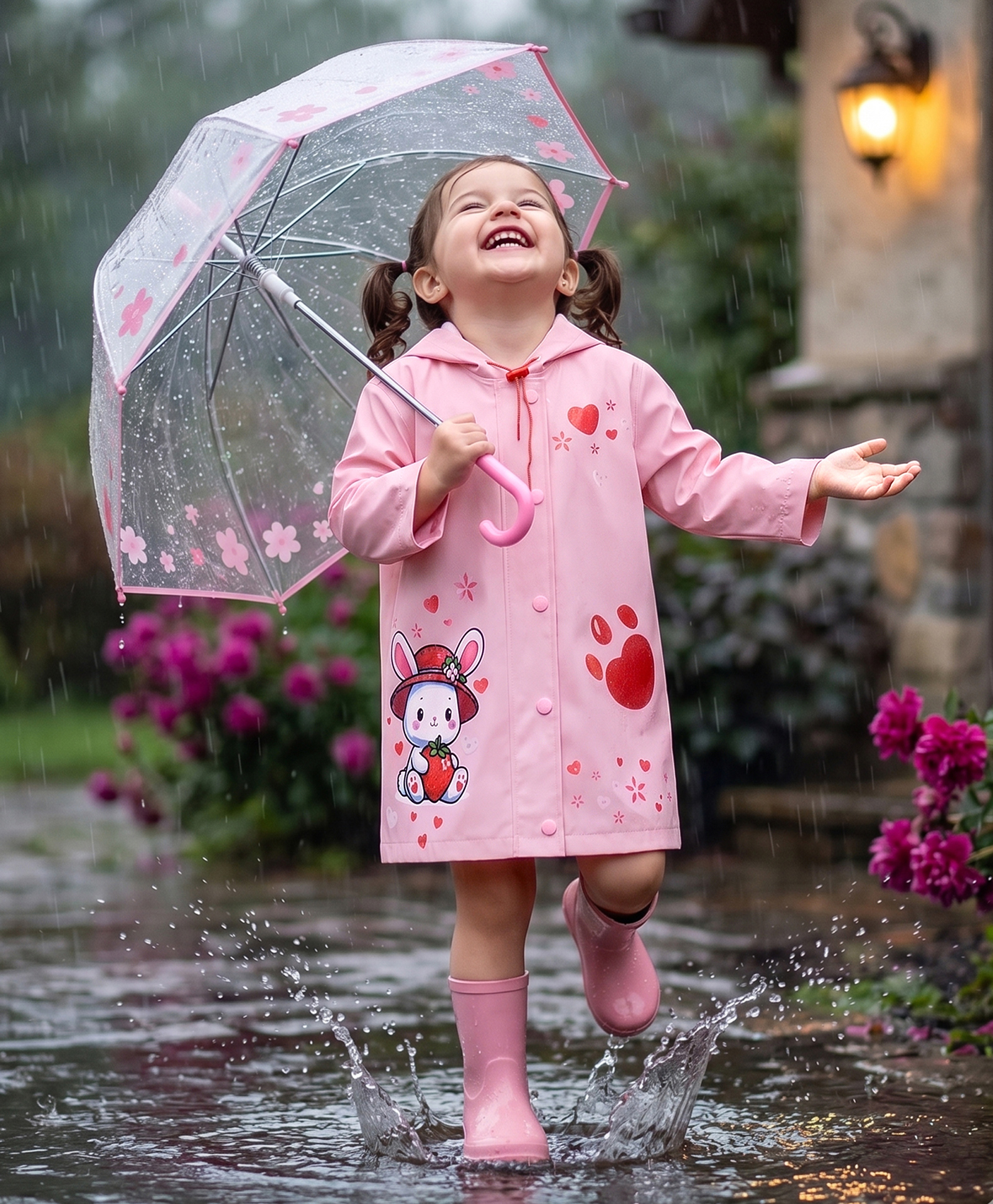 Babyhug Full Sleeves Hooded Raincoat With Bunny Print - Pink-image-27