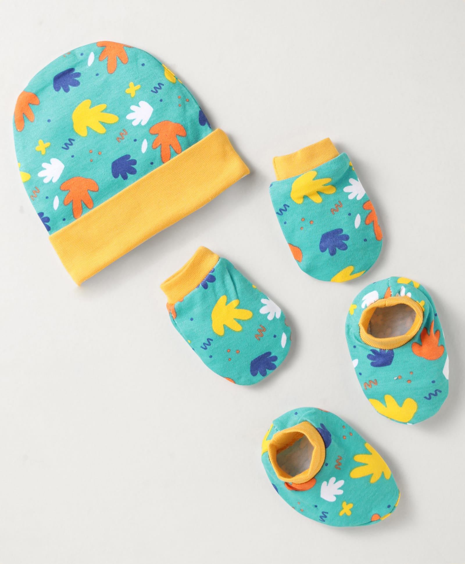 OHMS Single Jersey Knit Cap Mittens & Booties Set With Leaves Print Aqua - Diameter 10.5 cm-picture-34