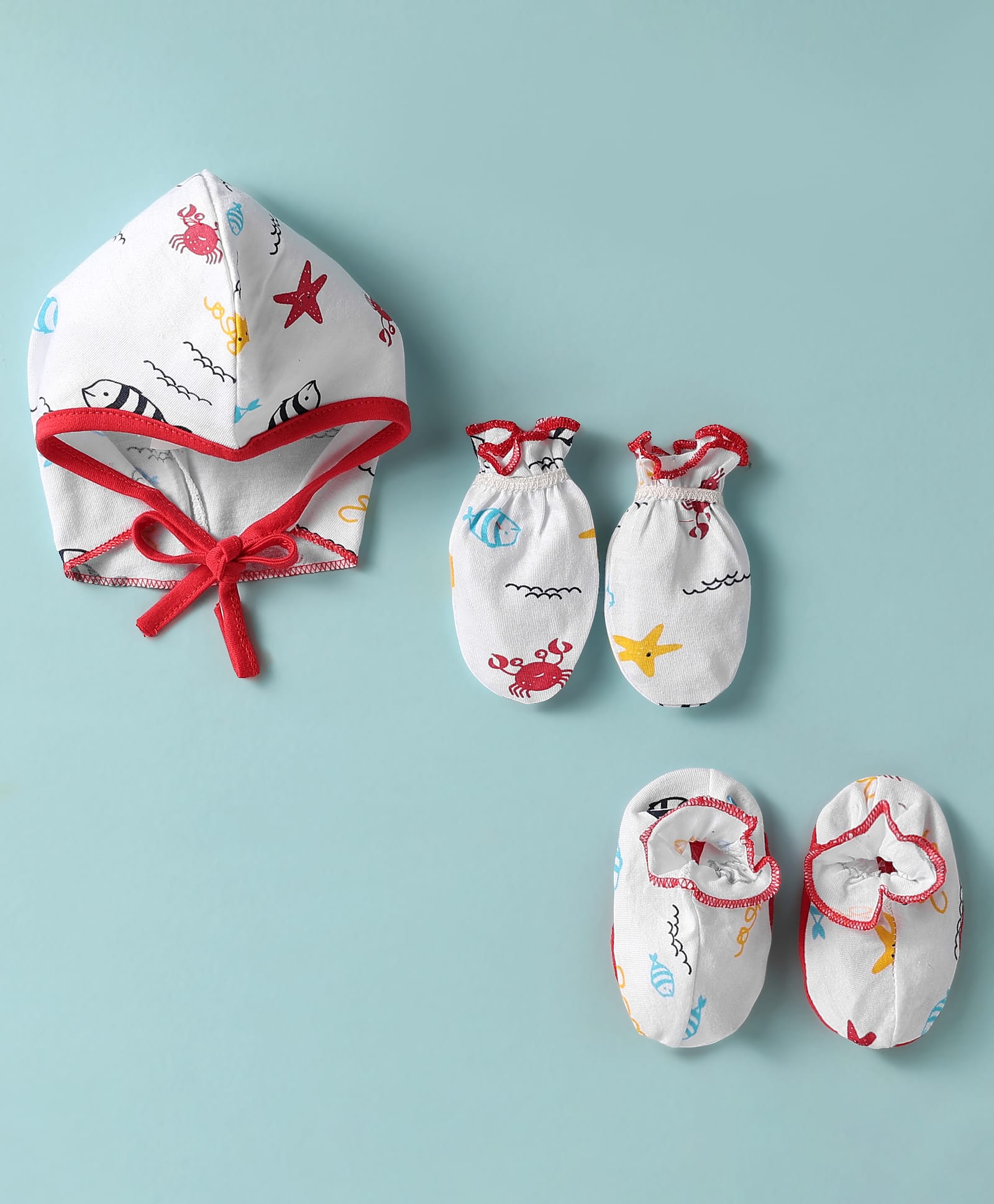 OHMS Single Jersey Knit Cap Mitten & Booties With Sea Life Print White & Red - Diameter 10.5 cm-image-39