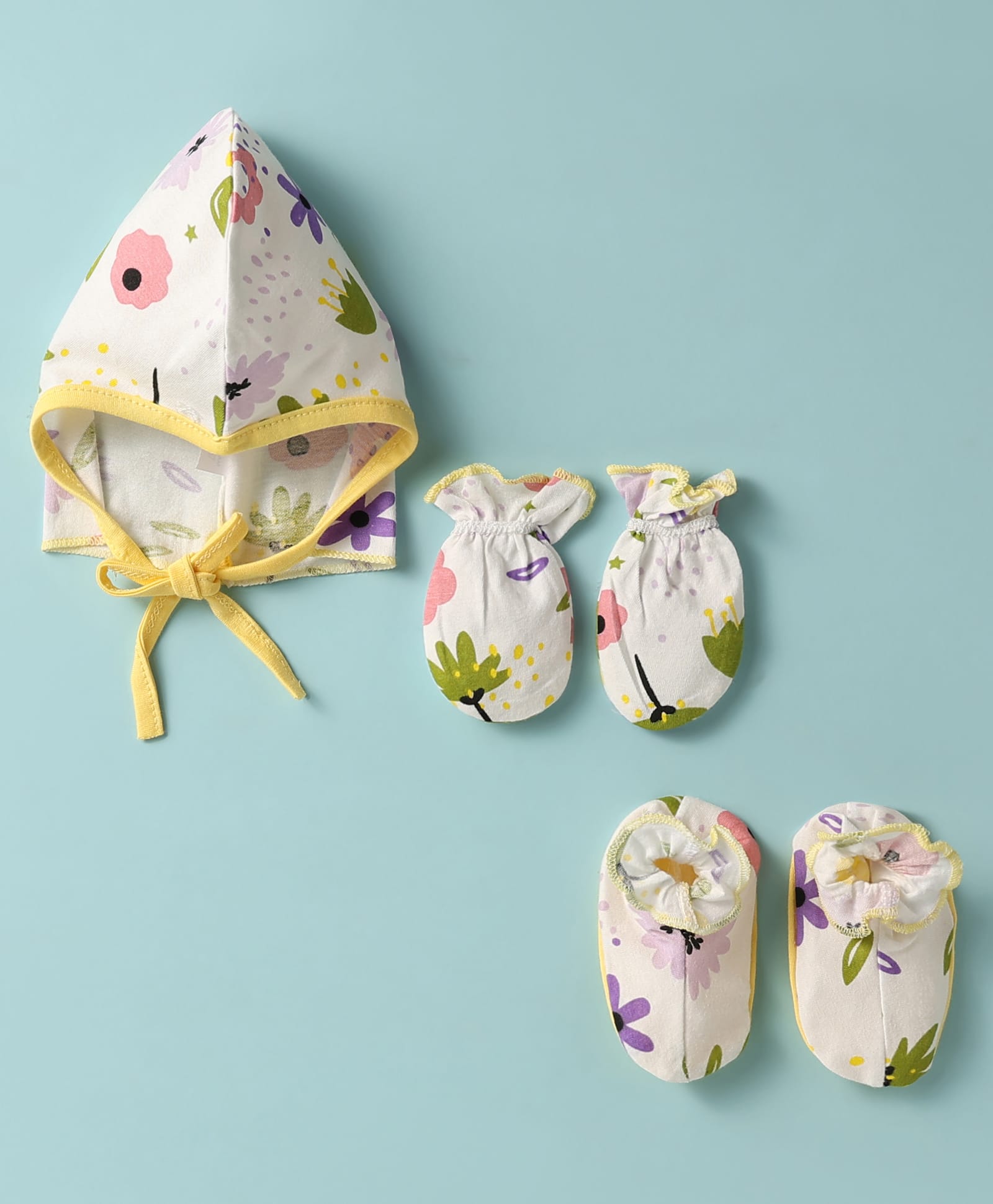 OHMS Single Jersey Knit Cap Mitten & Booties With Floral Print White & Yellow - Diameter 11 cm-picture-26