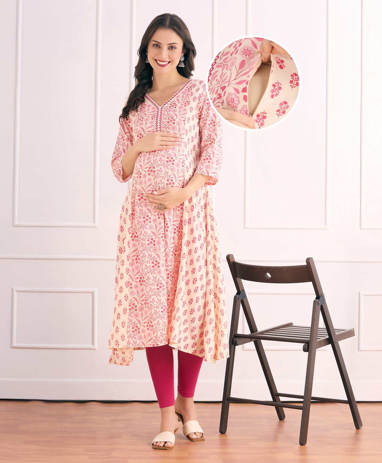 Bella Mama Woven Three Fourth Sleeves With Contrast Yoke Maternity Kurta with Floral Print - Pink
