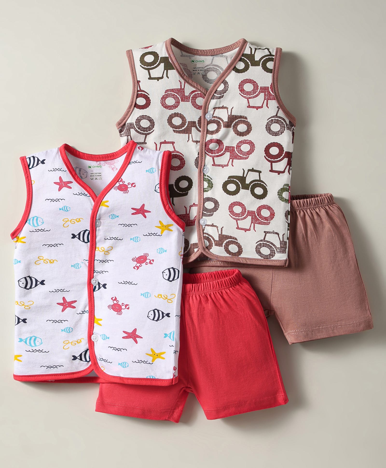 OHMS Single Jersey Knit Front Open Sleeveless Shorts Night Suit With Sea Life & Tractor Print Pack Of 2 - Red & Brown