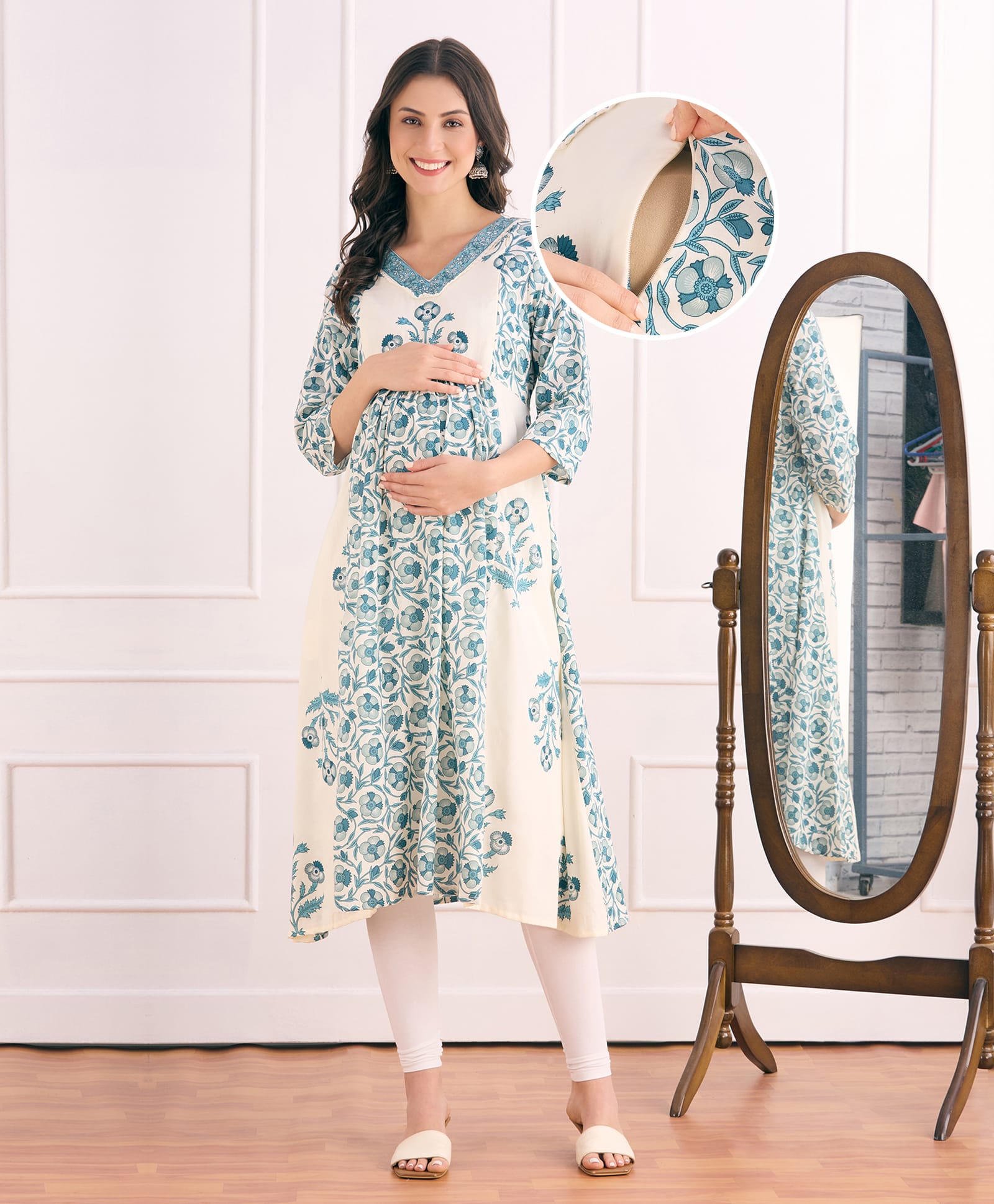 Bella Mama Woven Three Fourth Sleeves With Contrast Yoke Maternity Kurta with Floral Print - Blue