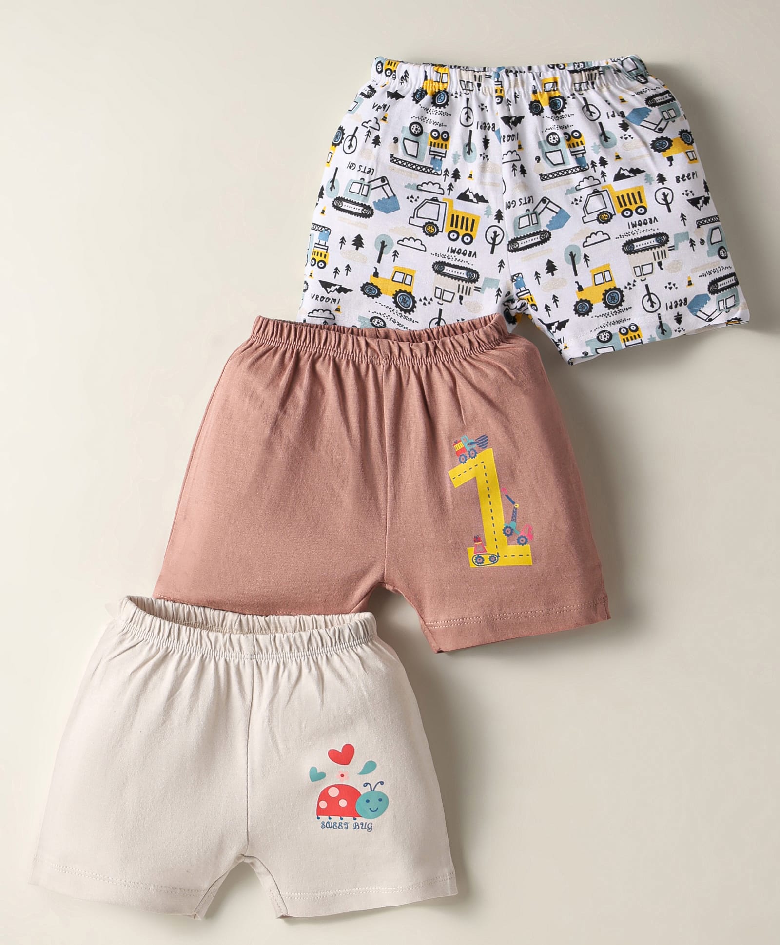 OHMS Single Jersey Above Knee Length Shorts With Vehicle Print Pack Of 3 - White Cream & Rose Gold-picture-14