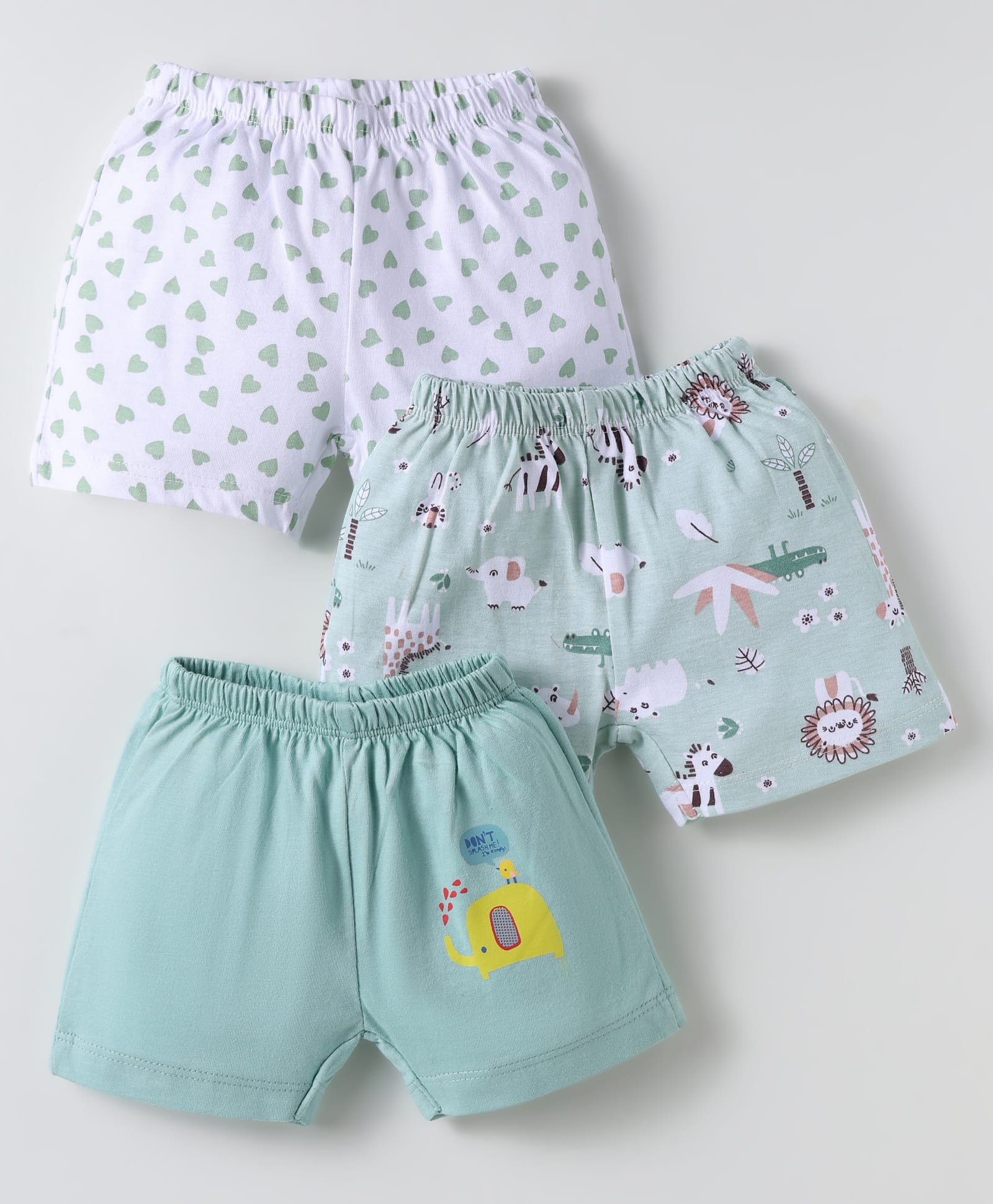 OHMS Single Jersey Knit Above Knee Length Shorts With Heart & Animal Print Pack Of 3 - Sea Green & White-picture-12