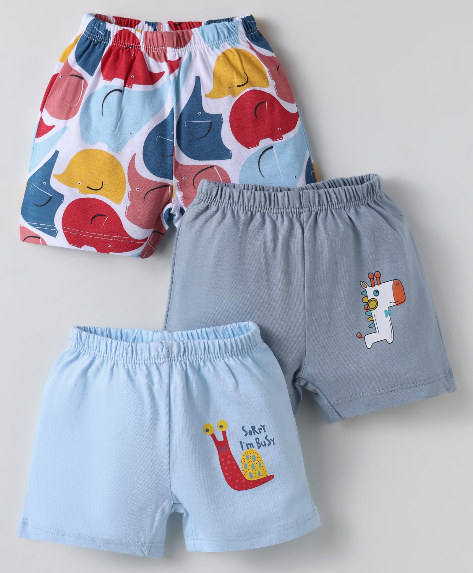 OHMS Single Jersey Knit Above Knee Length Shorts With Animal Print Pack Of 3 - Light Blue Grey & Red-picture-10