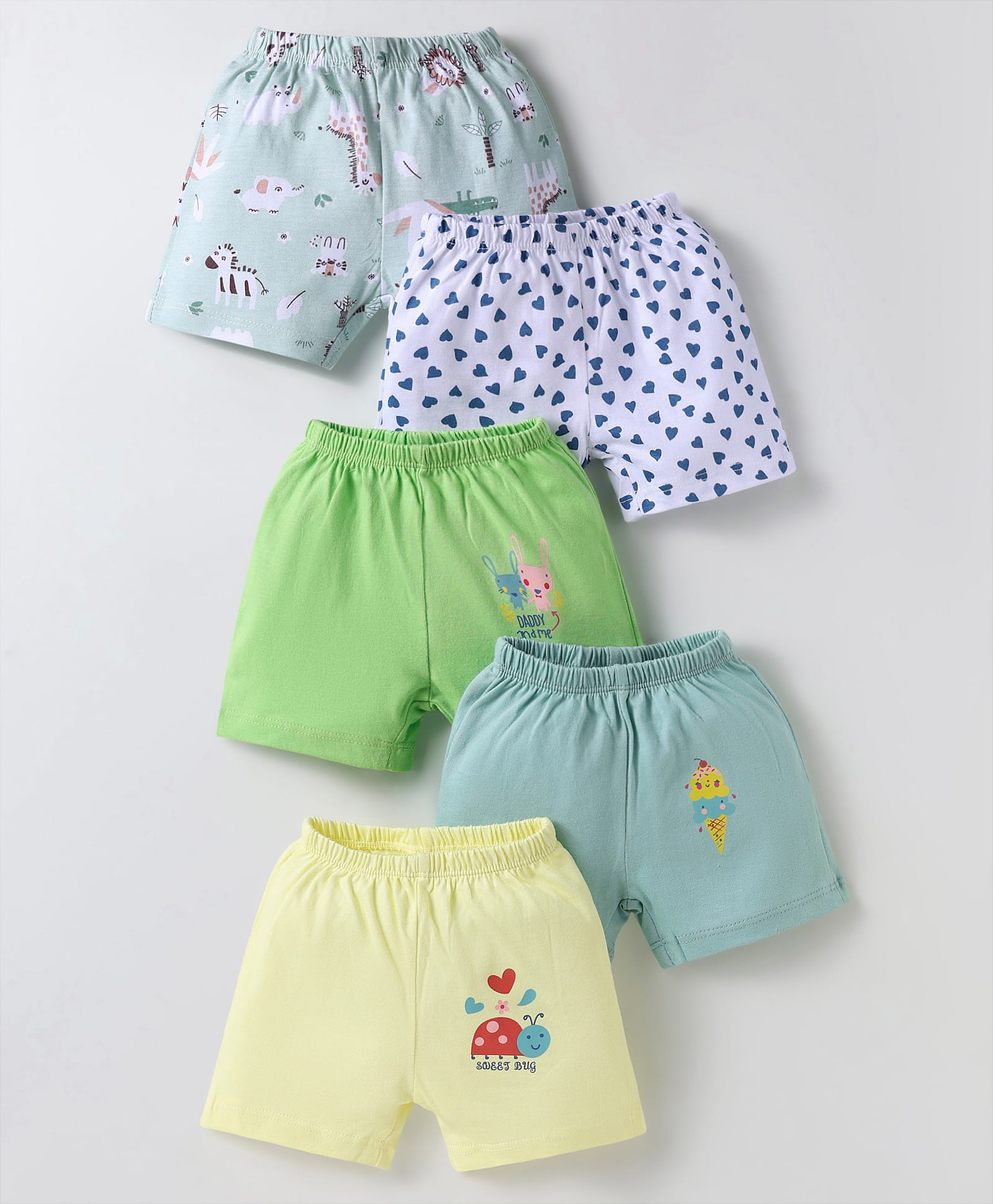 OHMS Single Jersey Knit Above Knee Length Shorts With Animal & Heart Print Pack Of 5 - Multicolour-picture-12