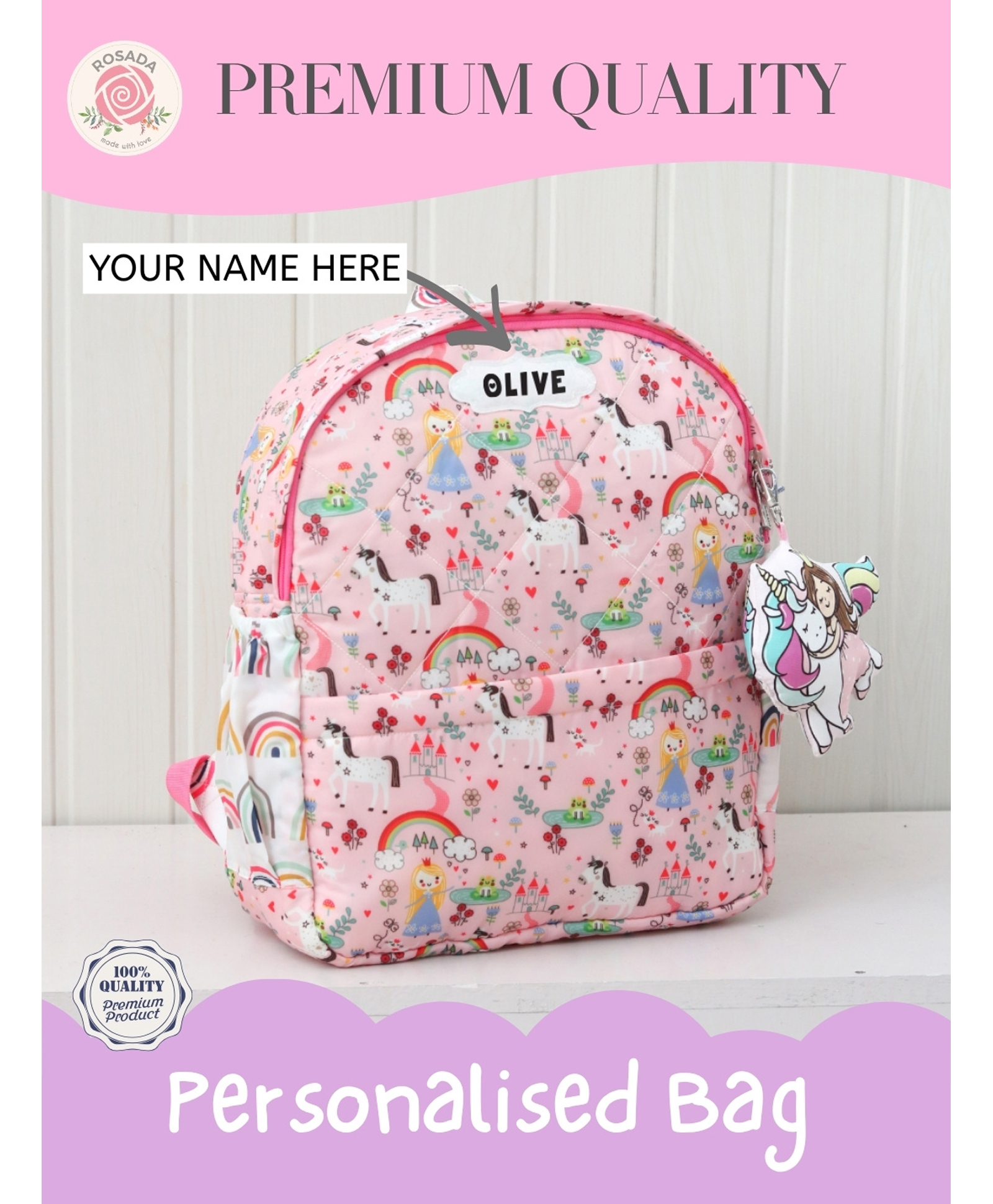 Rosada Princess Printed Backpack for Kids With Matching Keychain hanging, Waterproof Trendy and Spacious Kids Backpack, Stylish Bag for Kids - Medium(11 Inches)-picture-14