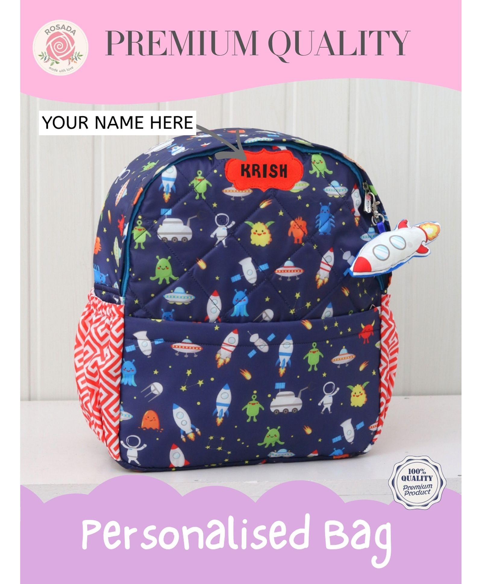 Rosada Space Printed Backpack for Kids With Matching Keychain hanging, Waterproof Trendy and Spacious Kids Backpack, Stylish Bag for Kids - Large(13 Inches)-picture-12