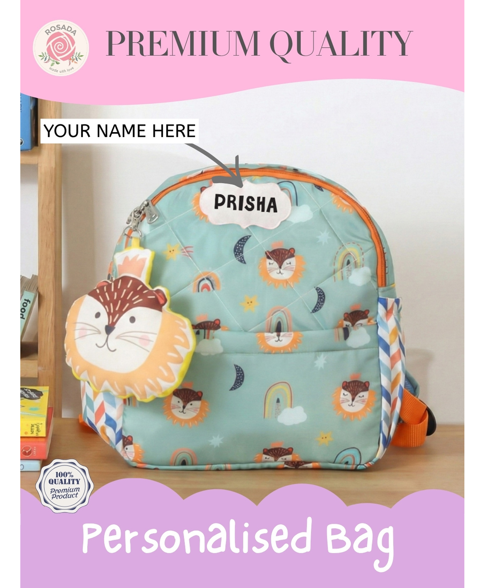 Rosada Fancy Lion Printed Backpack for Kids With Matching Keychain hanging, Waterproof Trendy and Spacious Kids Backpack, Stylish Bag for Kids - Large(13 Inches)-image-48