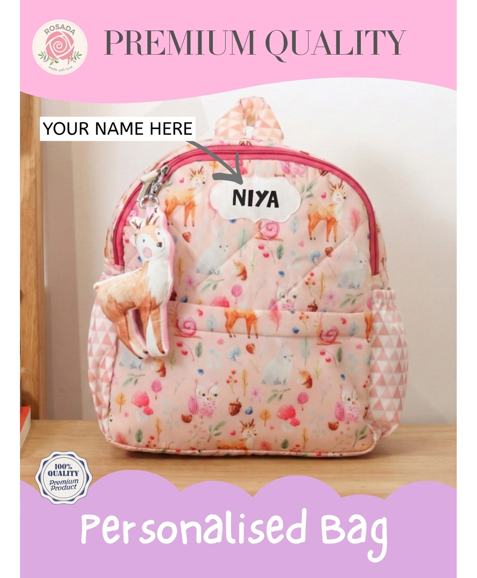 Rosada Forest Deer Printed Backpack for Kids With Matching Keychain hanging, Waterproof Trendy and Spacious Kids Backpack, Stylish Bag for Kids - Medium(11 Inches)-image-31
