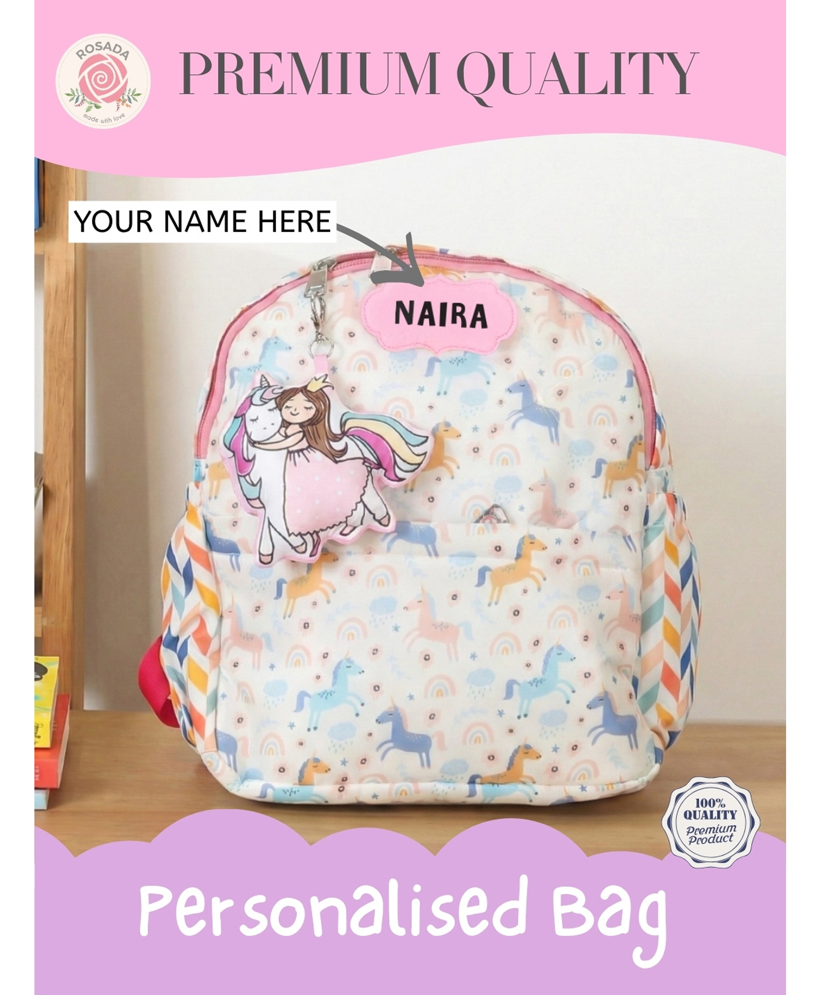 Rosada Unicorn Backpack for Kids With Matching Keychain hanging, Waterproof Trendy and Spacious Kids Backpack, Stylish Bag for Kids - Medium(11 Inches)-image-21