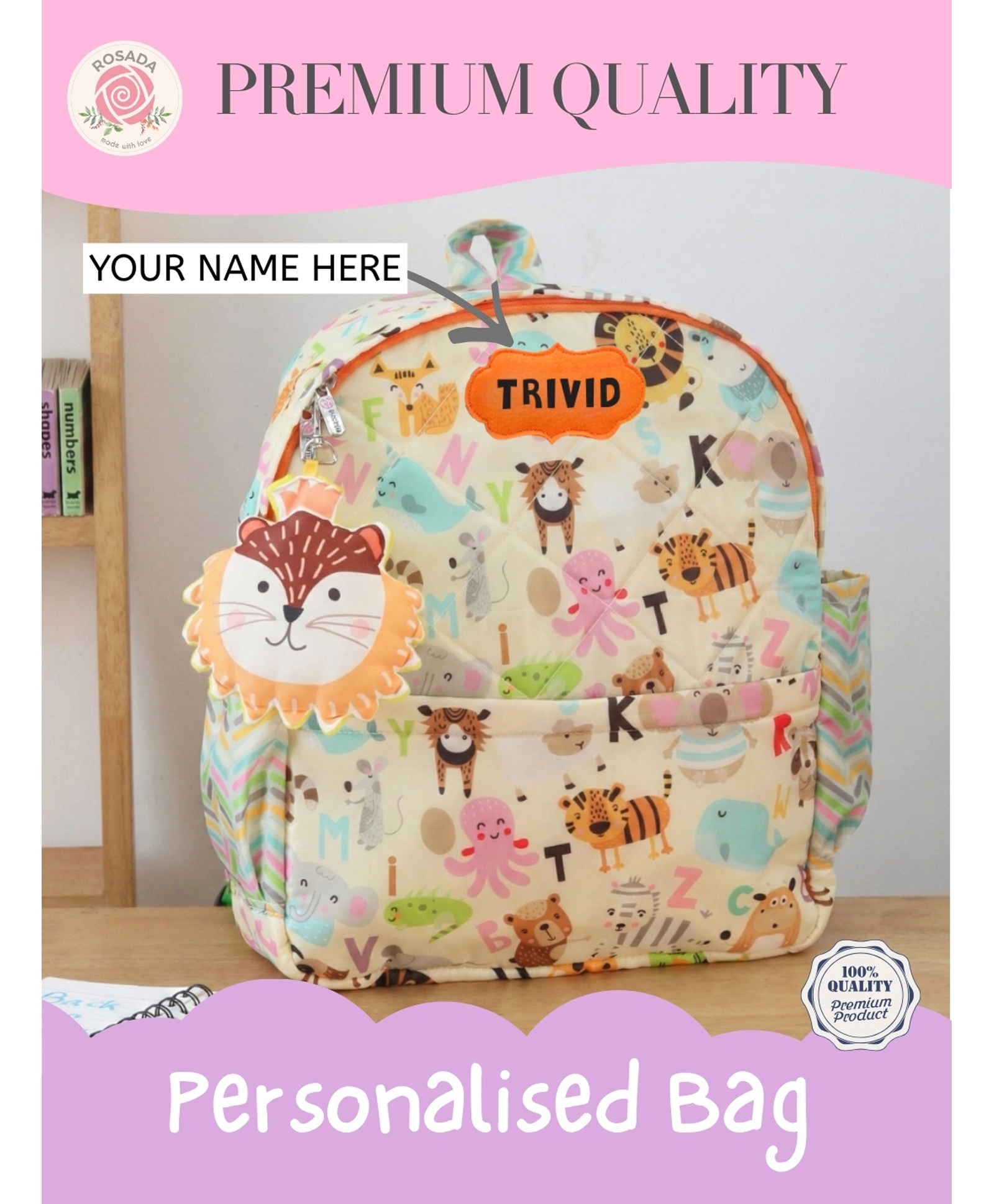 Rosada White Alphabet Backpack for Kids With Matching Keychain hanging, Waterproof Trendy and Spacious Kids Backpack, Stylish Bag for Kids - Medium(11 Inches)-image-35