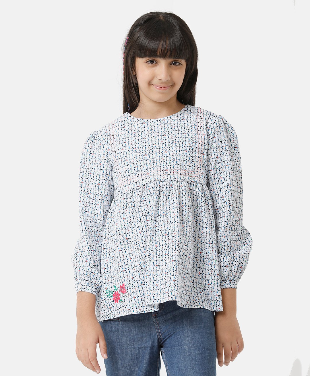 Under Fourteen Only Cotton Three Fourth Puffed Sleeves Abstract Printed Floral Embroidered Top - Blue-picture-31