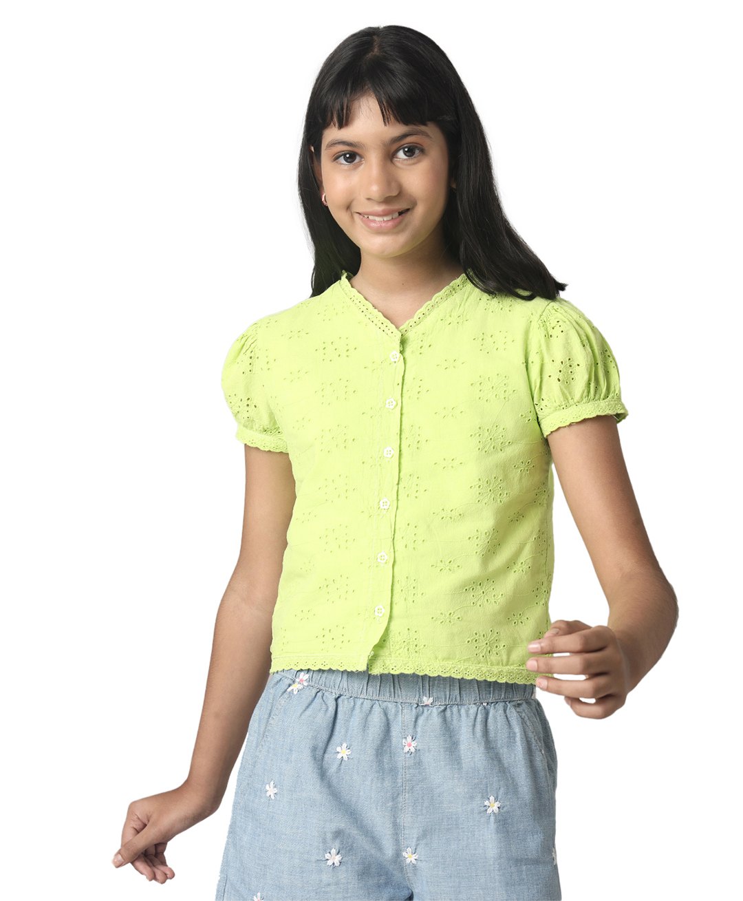 Under Fourteen Only Cotton Half Puffed Sleeves Sciffli Embroidered Top - Yellow-picture-13