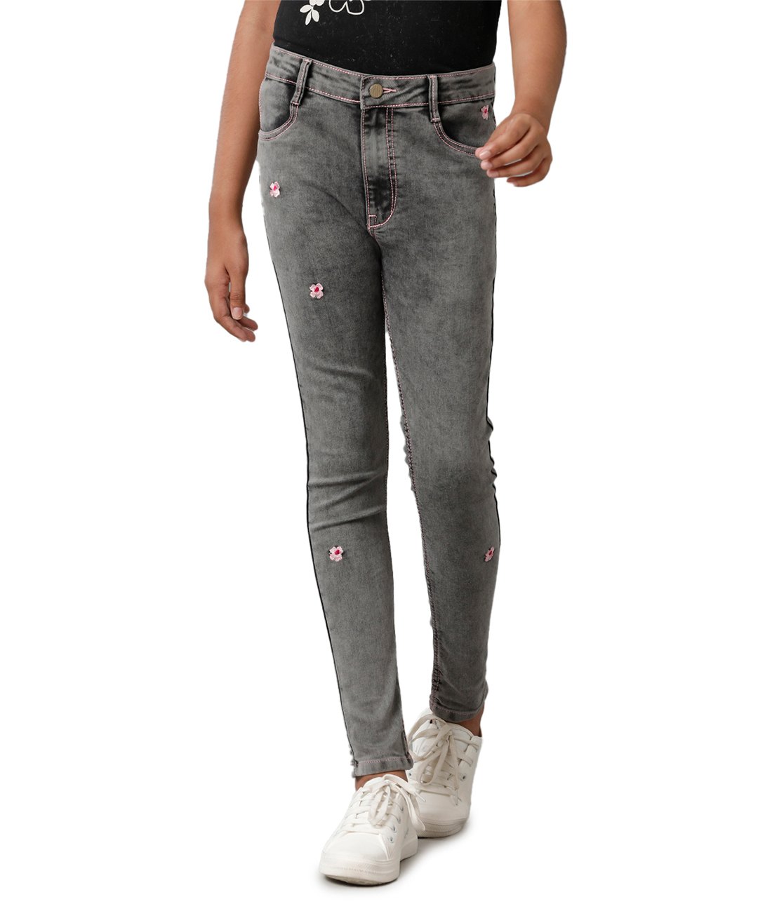 Under Fourteen Only Floral Embroidered Denim Jeans - Black-picture-22